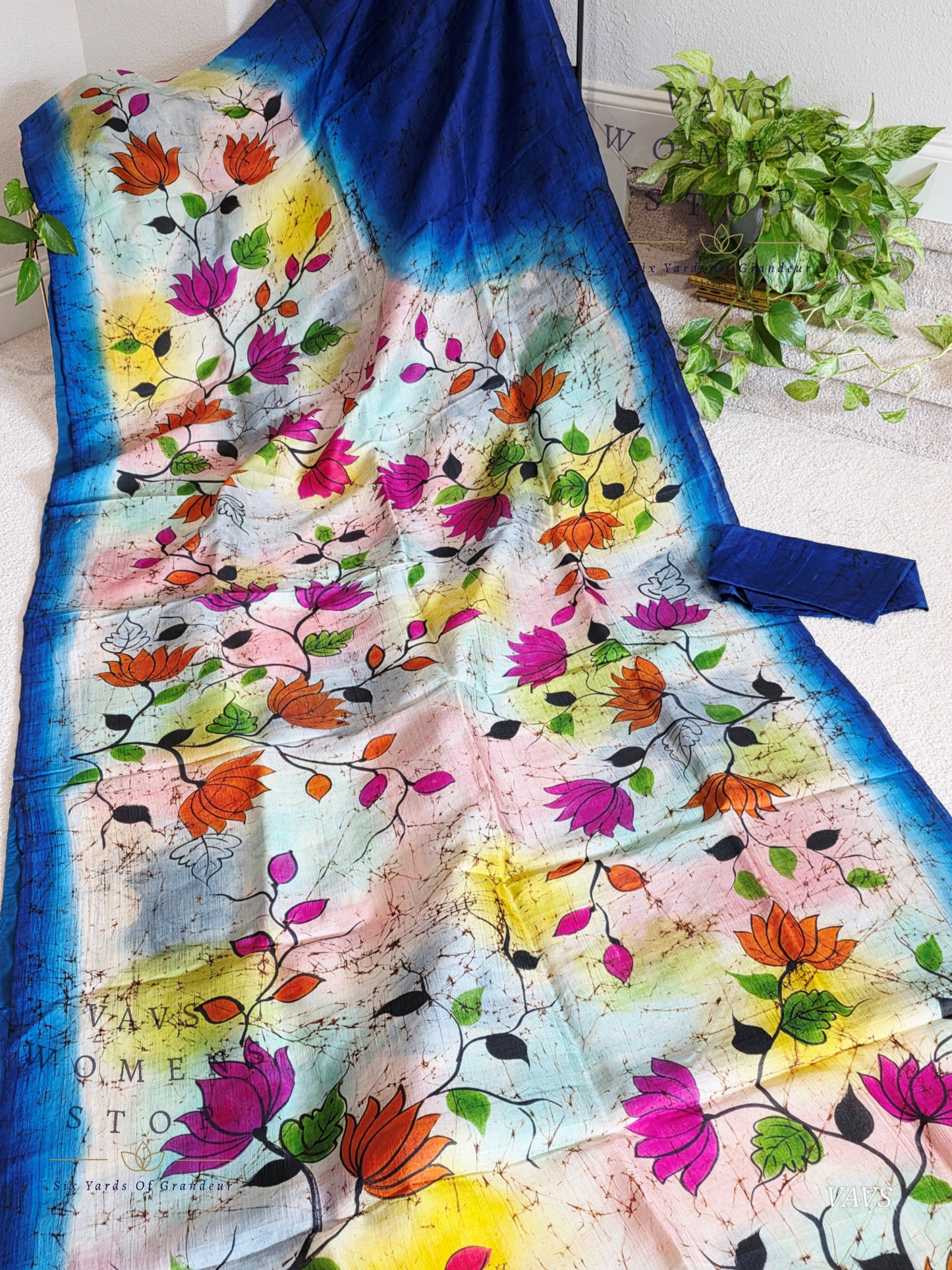 Fusion Batik & Kalamkari Floral Pure Tussar Silk Saree with Pure Jasmine Silk Stitched Blouse