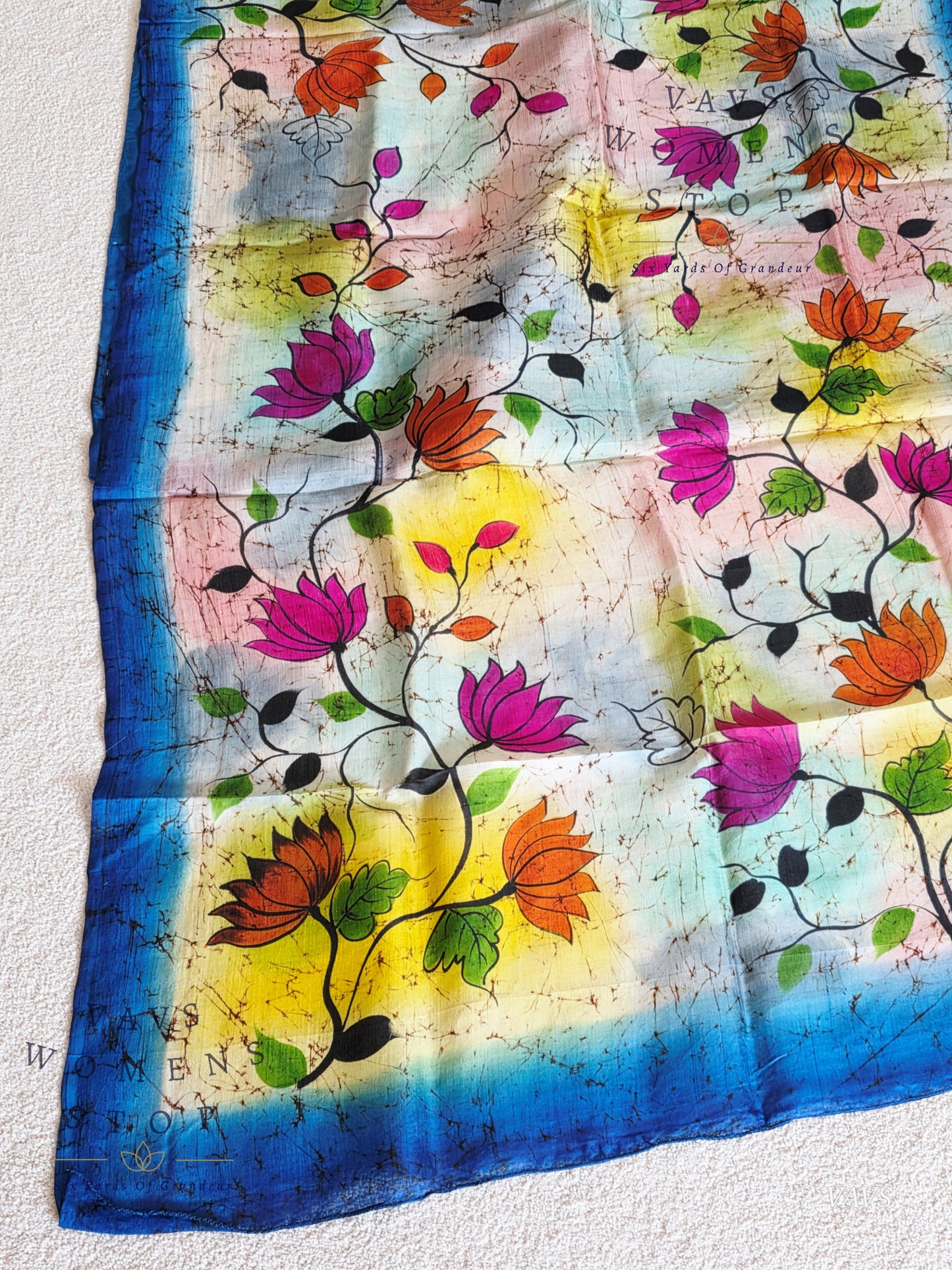 Fusion Batik & Kalamkari Floral Pure Tussar Silk Saree with Pure Jasmine Silk Stitched Blouse