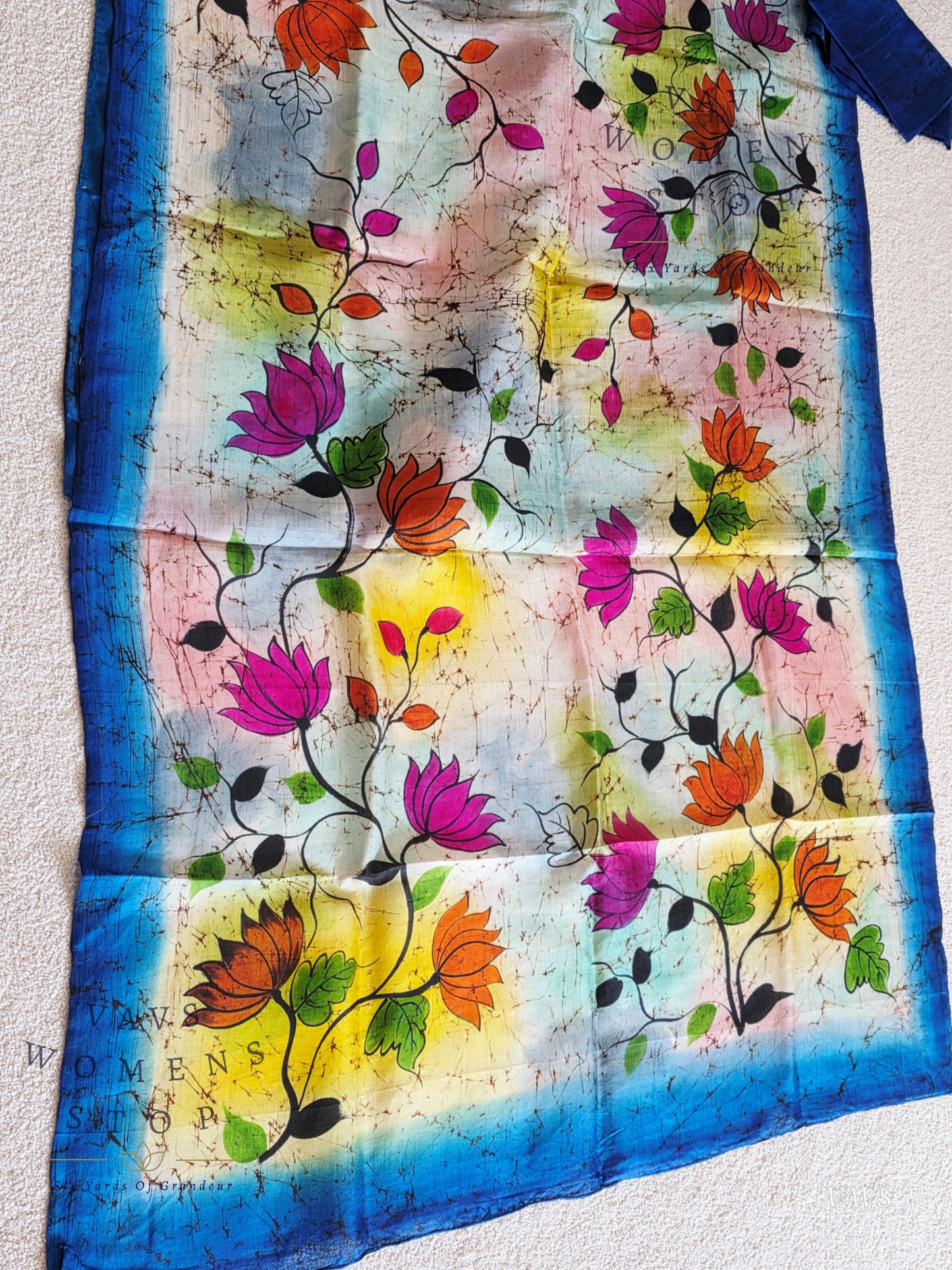 Fusion Batik & Kalamkari Floral Pure Tussar Silk Saree with Pure Jasmine Silk Stitched Blouse
