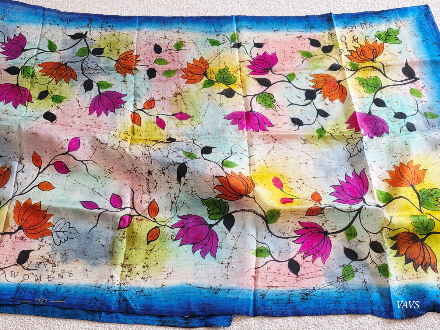 Fusion Batik & Kalamkari Floral Pure Tussar Silk Saree with Pure Jasmine Silk Stitched Blouse
