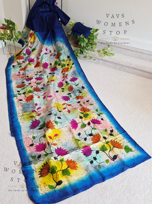 Fusion Batik & Kalamkari Floral Pure Tussar Silk Saree with Pure Jasmine Silk Stitched Blouse