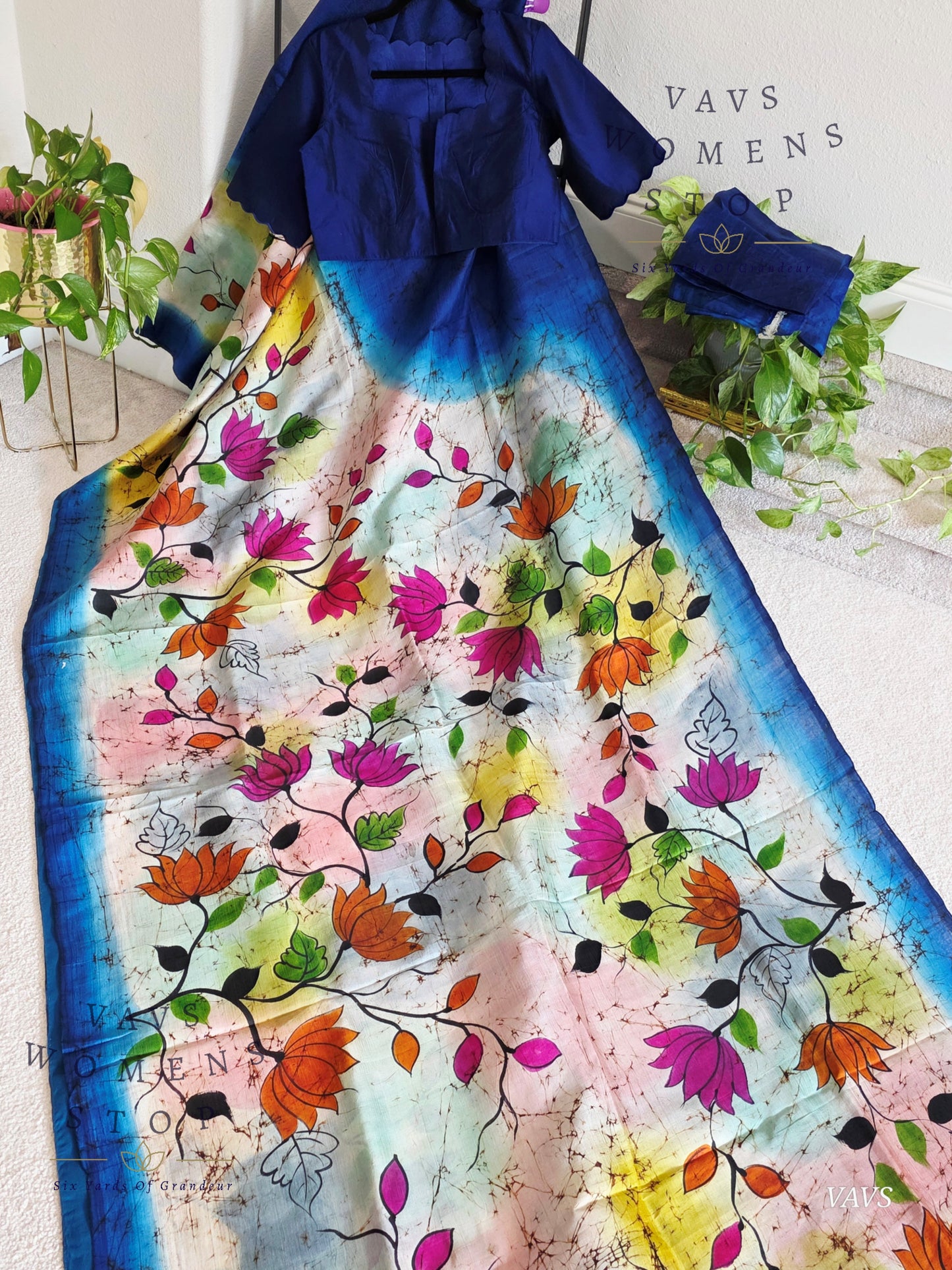Fusion Batik & Kalamkari Floral Pure Tussar Silk Saree with Pure Jasmine Silk Stitched Blouse