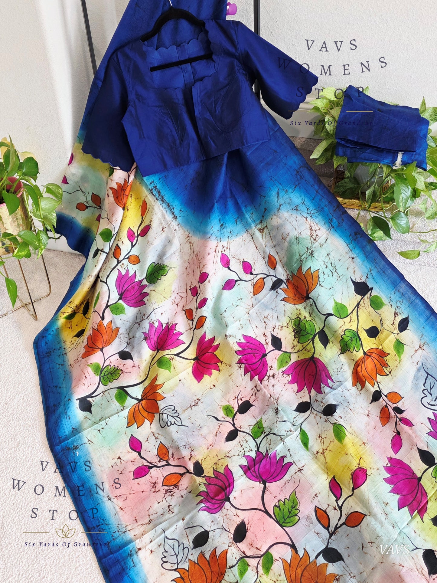 Fusion Batik & Kalamkari Floral Pure Tussar Silk Saree with Pure Jasmine Silk Stitched Blouse