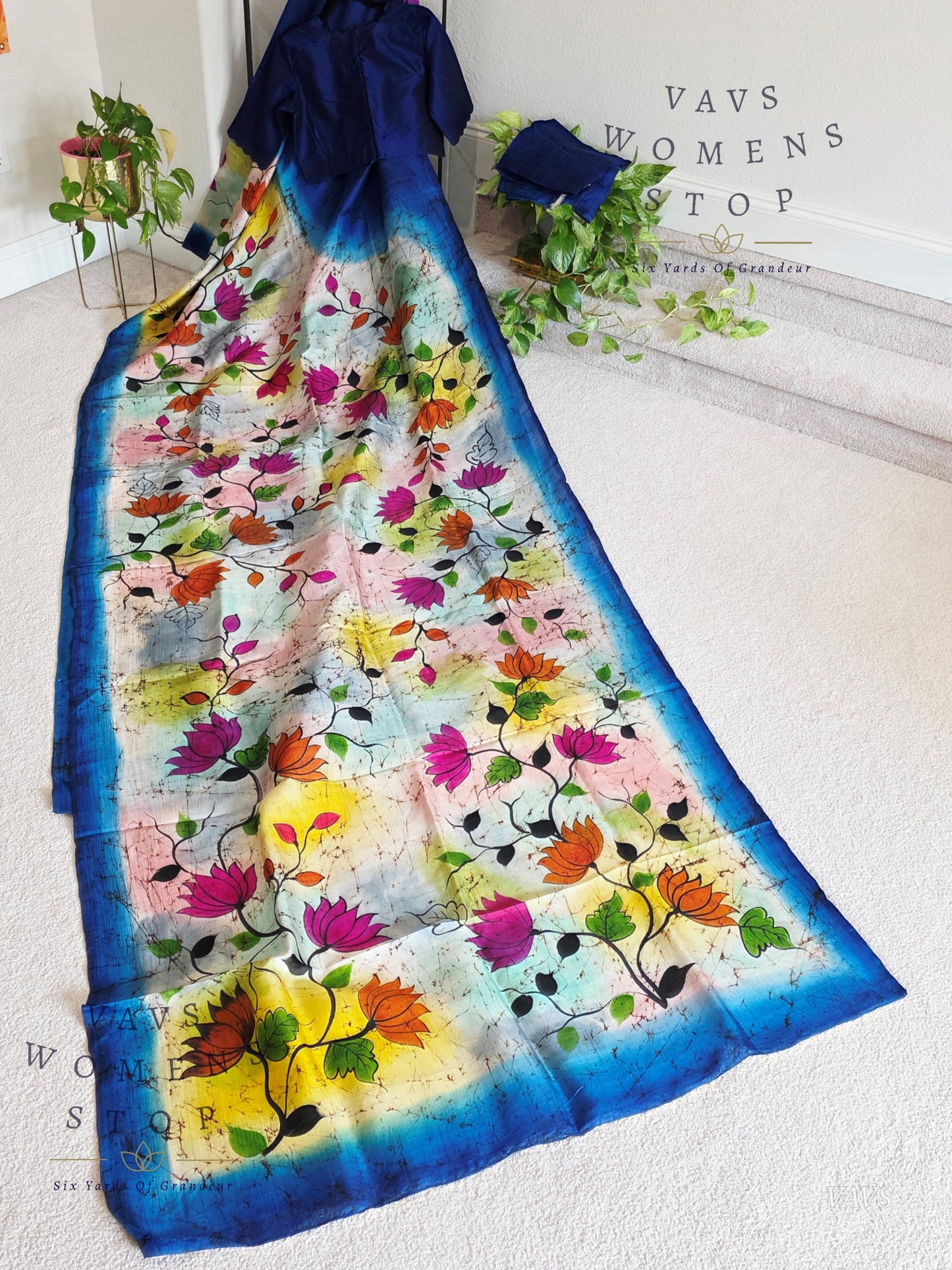 Fusion Batik & Kalamkari Floral Pure Tussar Silk Saree with Pure Jasmine Silk Stitched Blouse