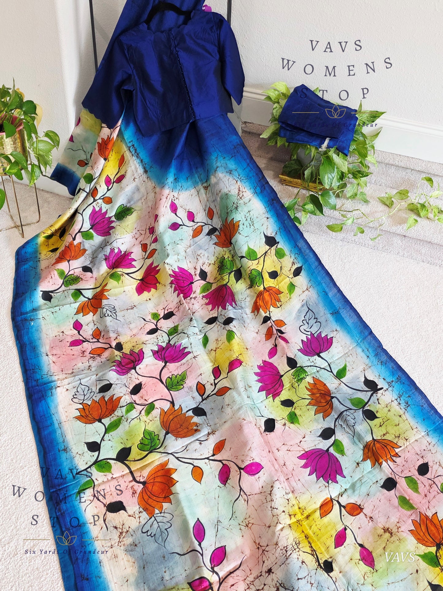 Fusion Batik & Kalamkari Floral Pure Tussar Silk Saree with Pure Jasmine Silk Stitched Blouse
