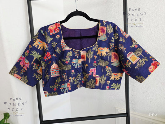 Navy Blue Designer Banarasi Silk Cotton fabric with Elephant & Peacock Print | Stitched Blouse