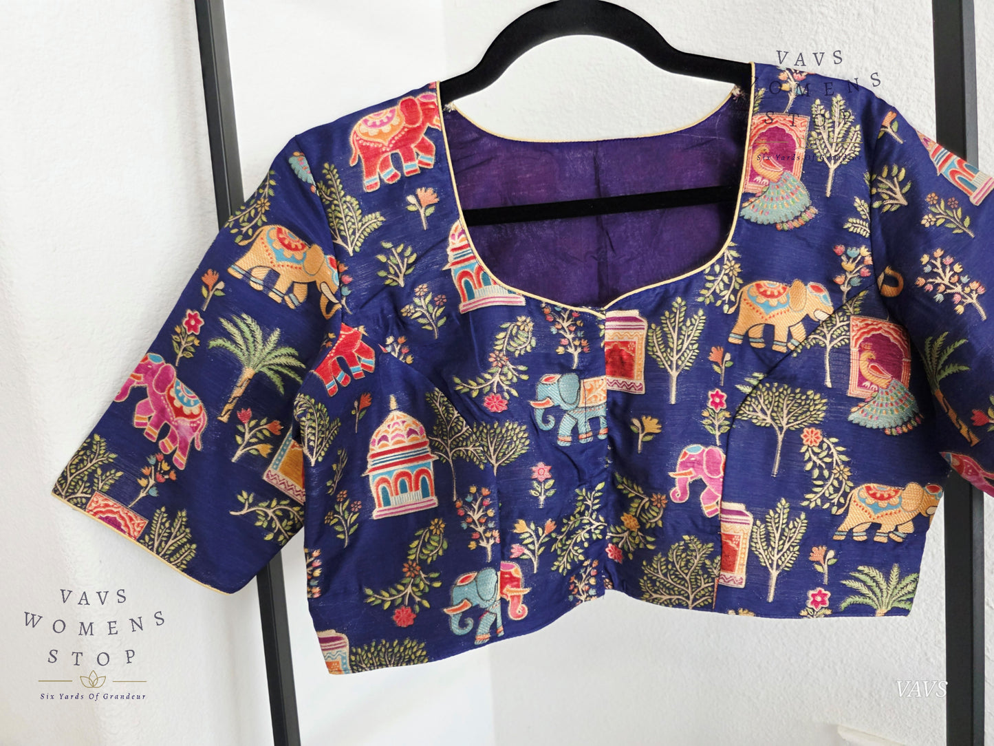 Navy Blue Designer Banarasi Silk Cotton fabric with Elephant & Peacock Print | Stitched Blouse