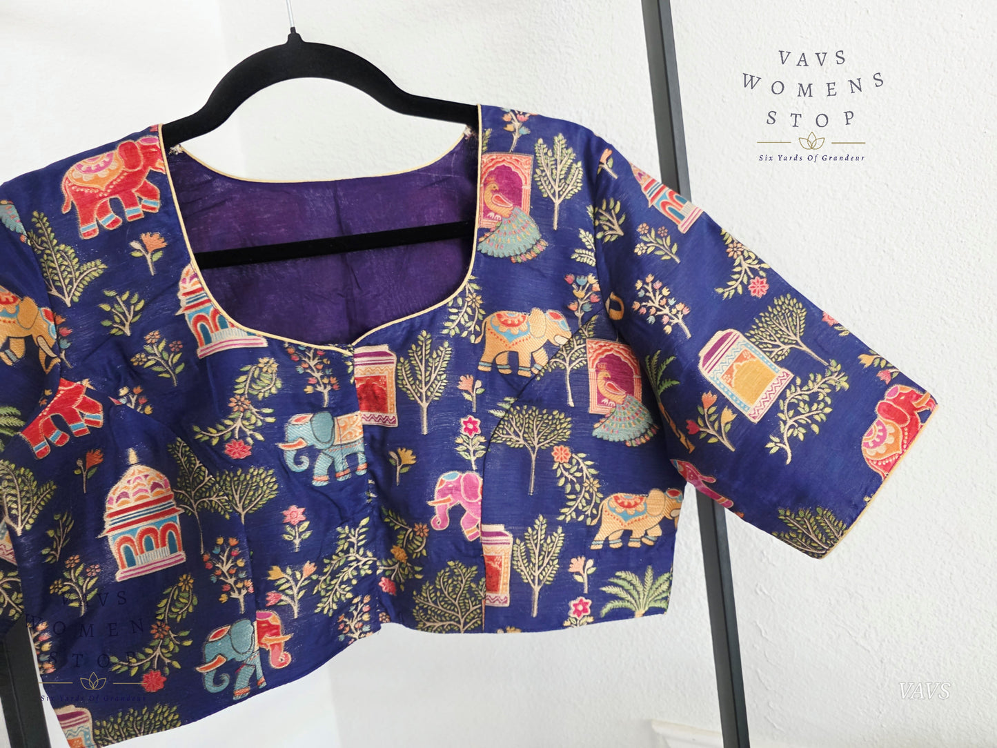 Navy Blue Designer Banarasi Silk Cotton fabric with Elephant & Peacock Print | Stitched Blouse
