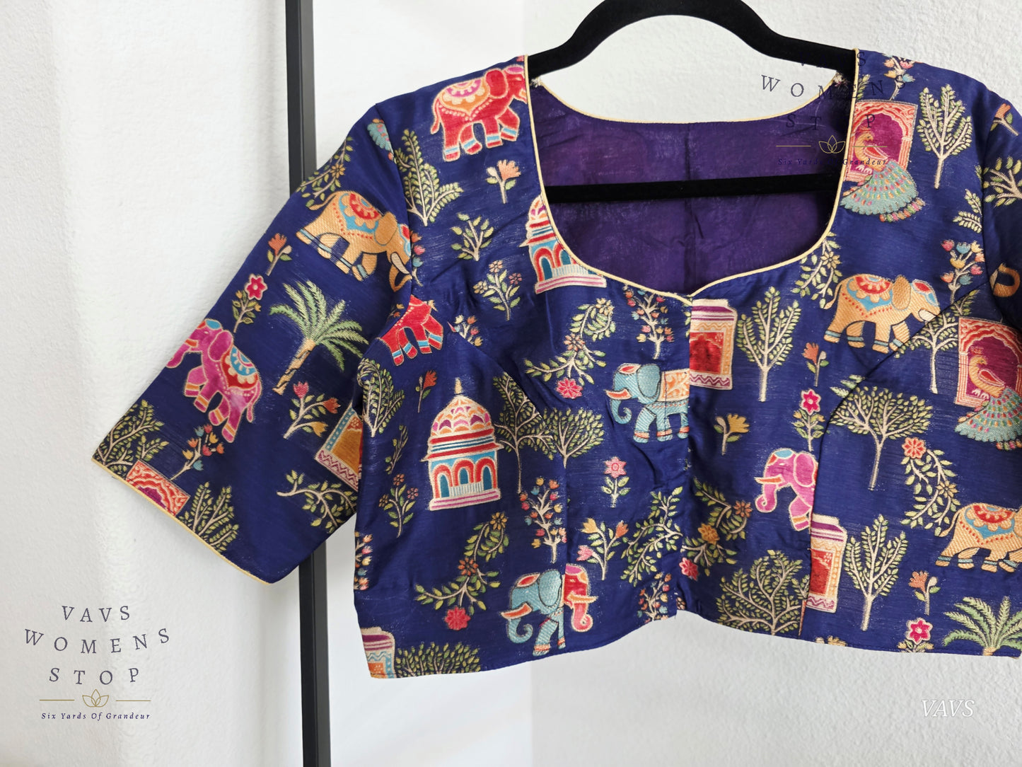 Navy Blue Designer Banarasi Silk Cotton fabric with Elephant & Peacock Print | Stitched Blouse