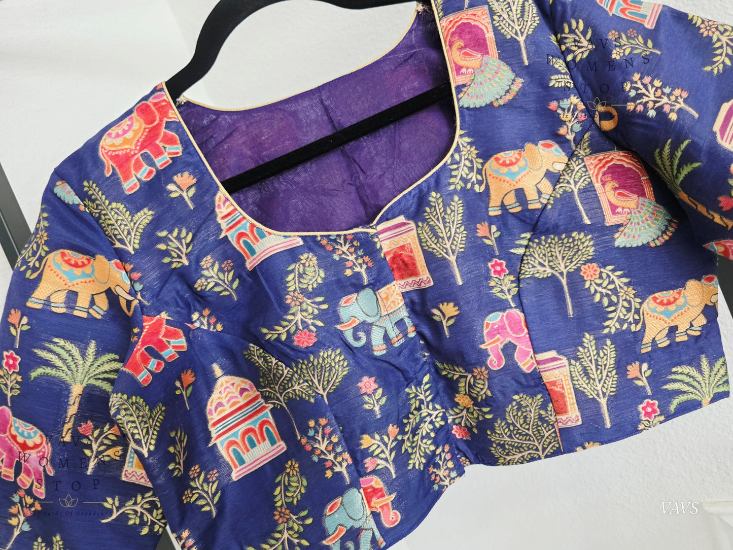 Navy Blue Designer Banarasi Silk Cotton fabric with Elephant & Peacock Print | Stitched Blouse