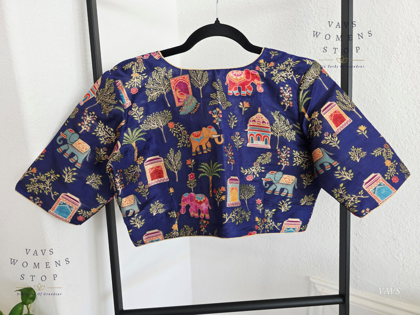 Navy Blue Designer Banarasi Silk Cotton fabric with Elephant & Peacock Print | Stitched Blouse