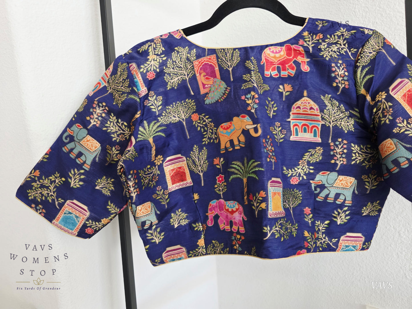Navy Blue Designer Banarasi Silk Cotton fabric with Elephant & Peacock Print | Stitched Blouse