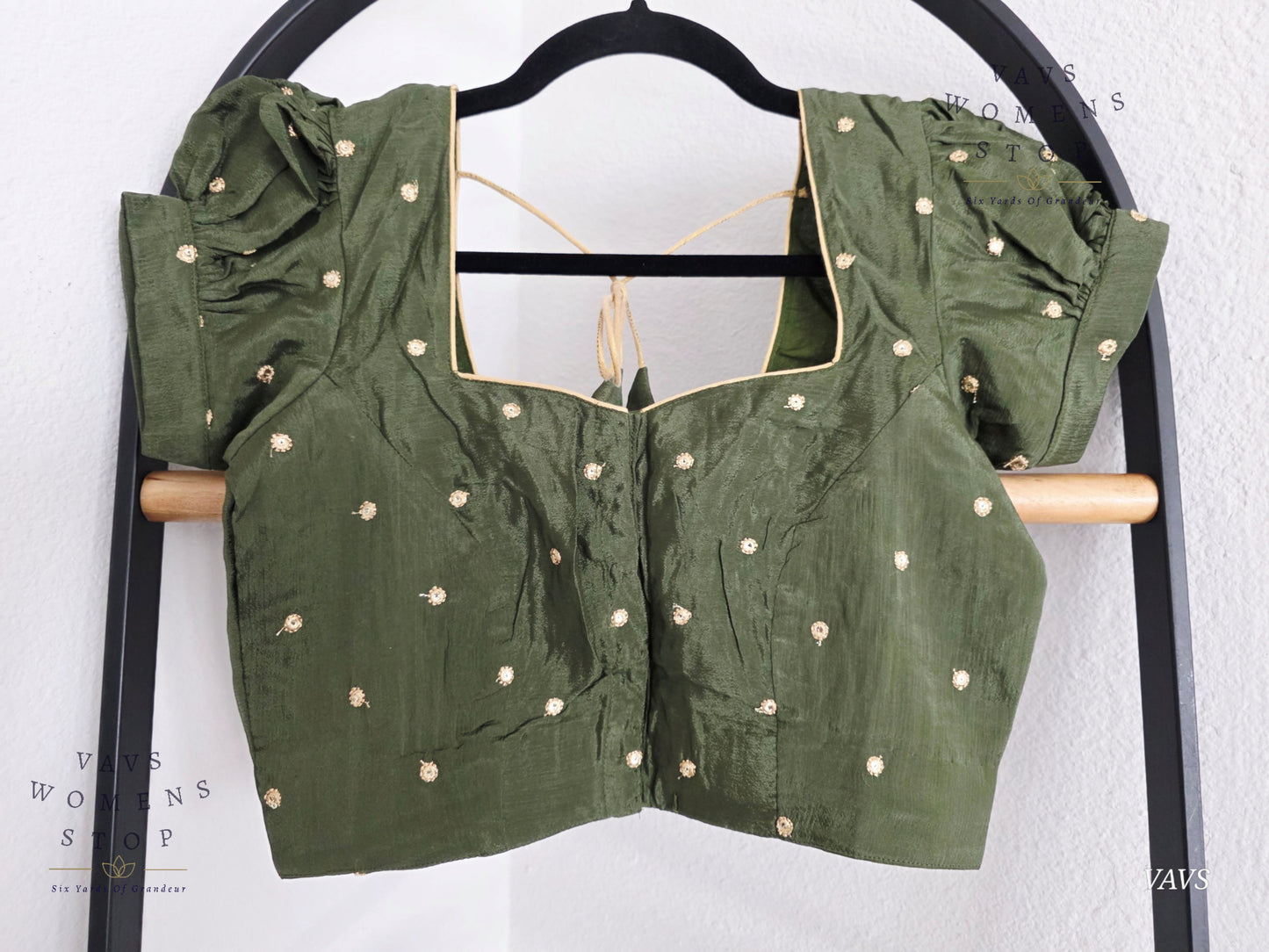Dark Olive Green Shade Short Puff Sleeves Blouse