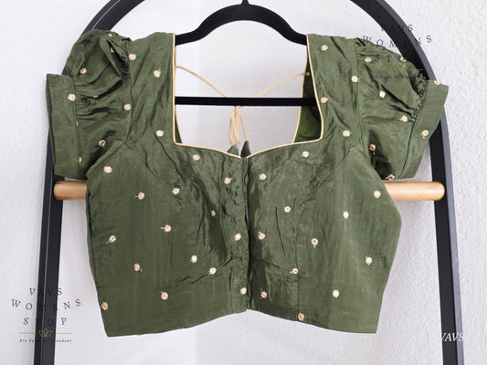 Dark Olive Green Shade Short Puff Sleeves Blouse