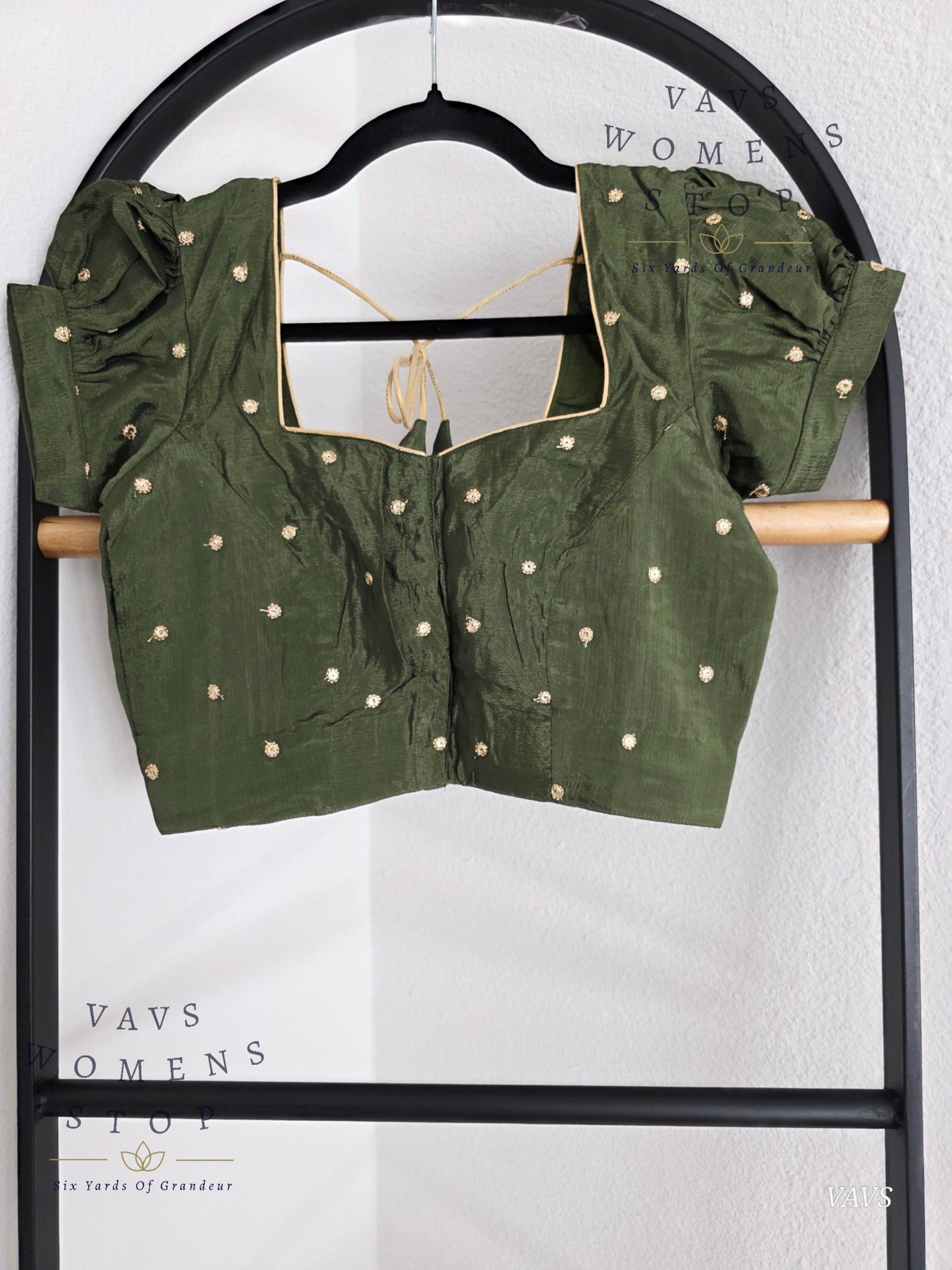 Dark Olive Green Shade Short Puff Sleeves Blouse