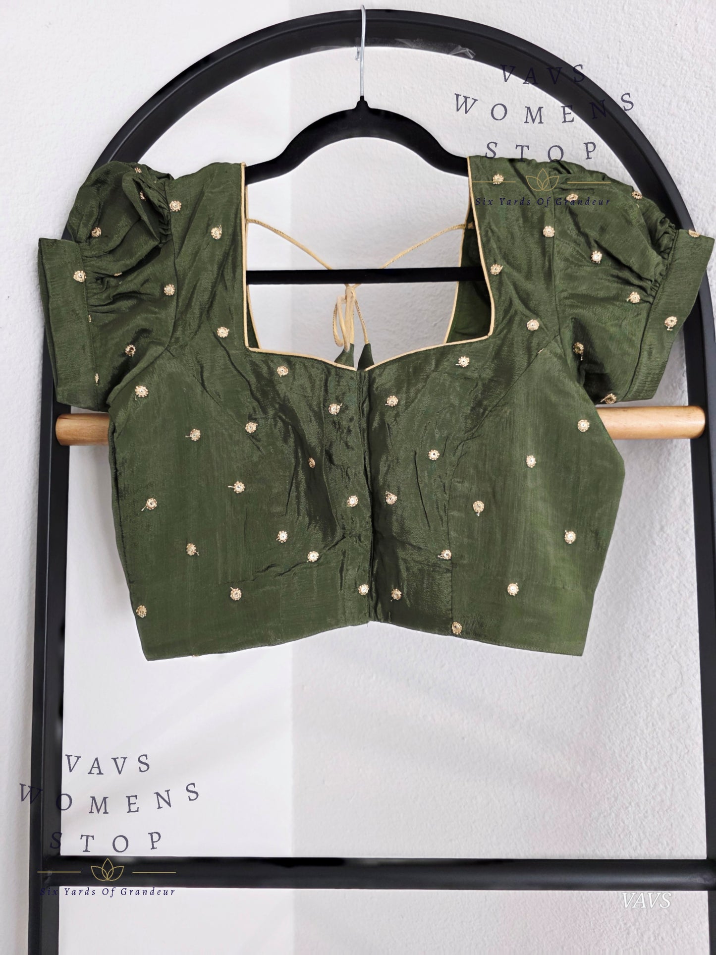 Dark Olive Green Shade Short Puff Sleeves Blouse