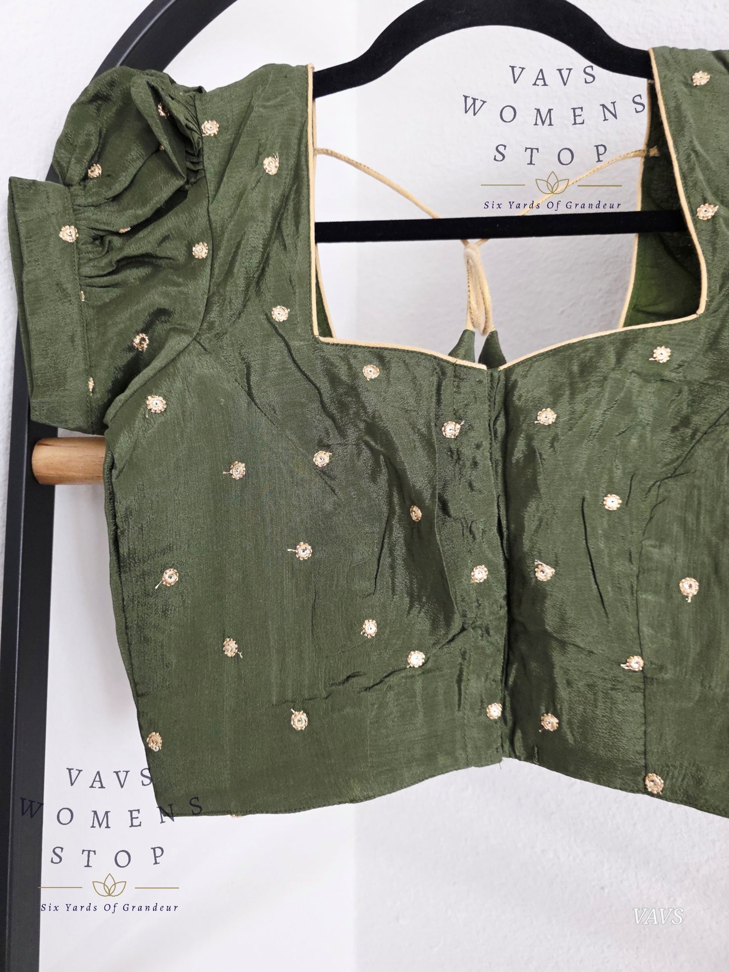 Dark Olive Green Shade Short Puff Sleeves Blouse