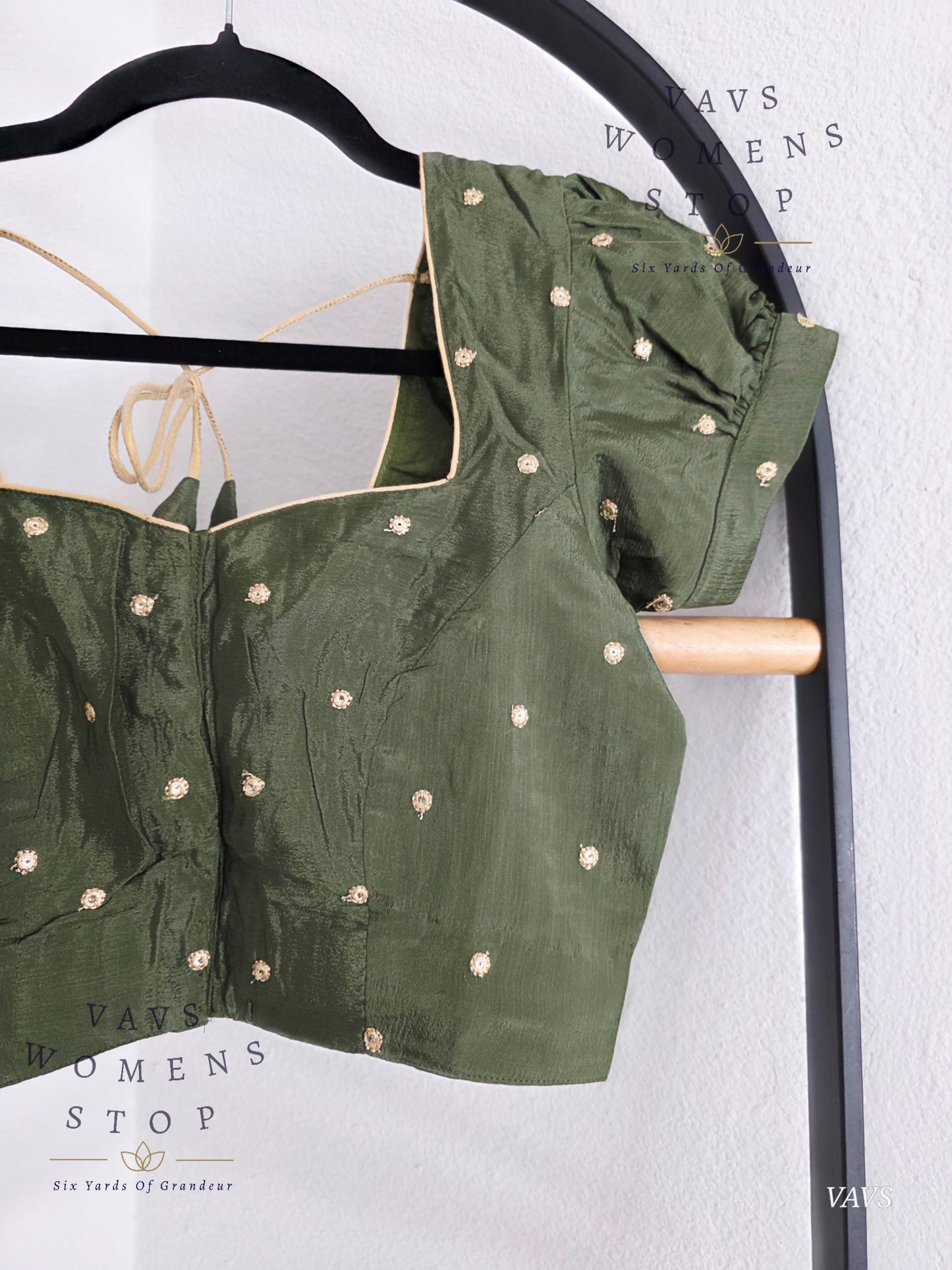 Dark Olive Green Shade Short Puff Sleeves Blouse