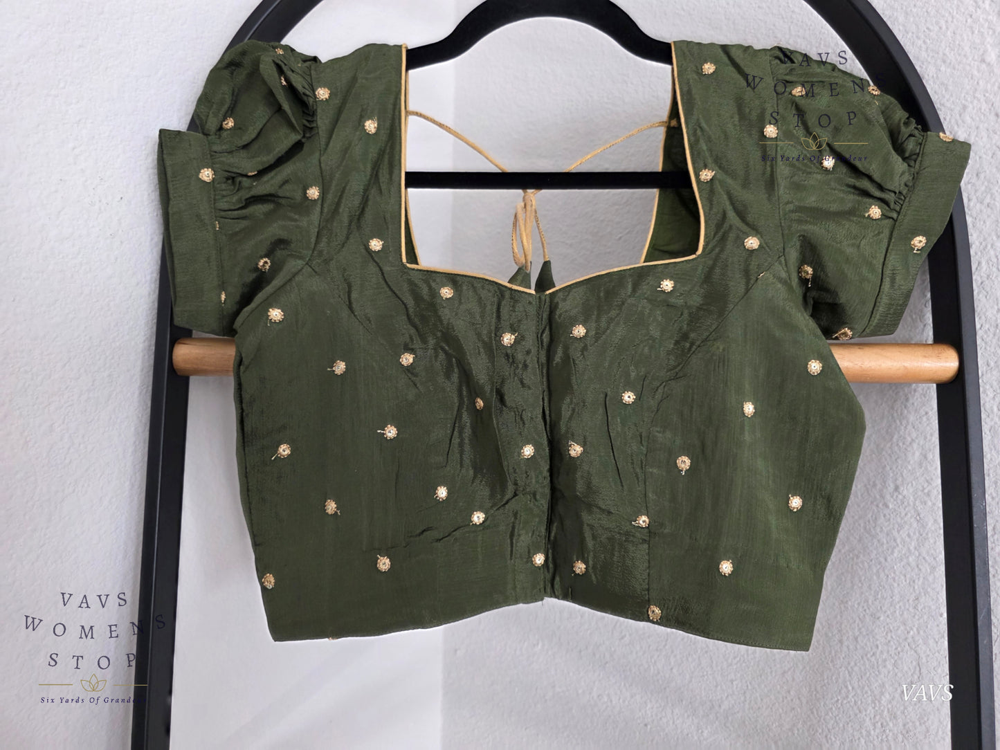 Dark Olive Green Shade Short Puff Sleeves Blouse