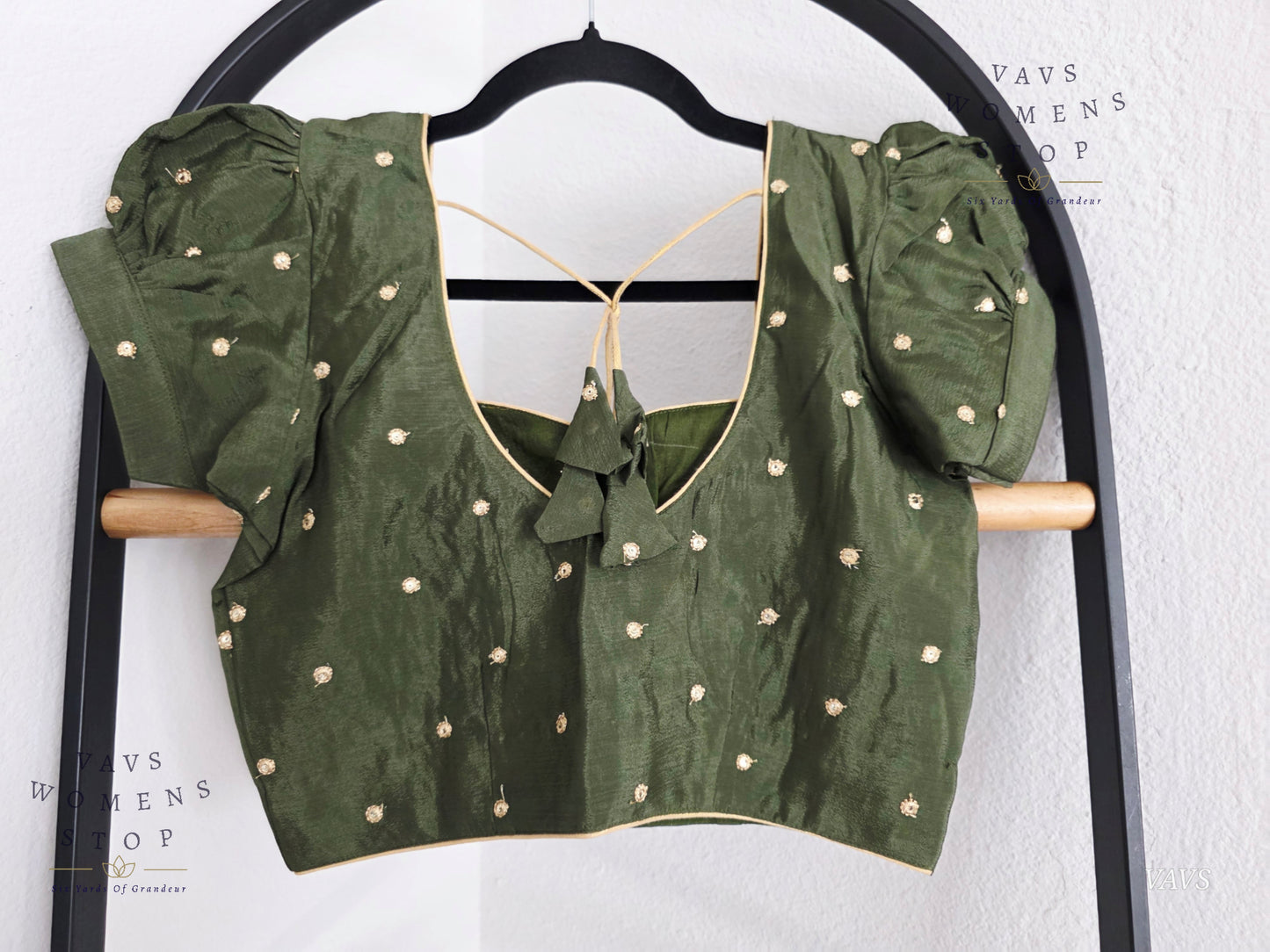 Dark Olive Green Shade Short Puff Sleeves Blouse