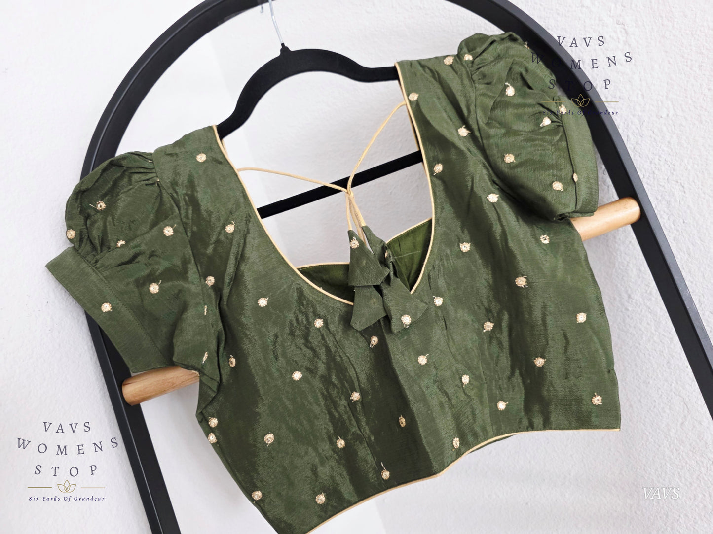 Dark Olive Green Shade Short Puff Sleeves Blouse