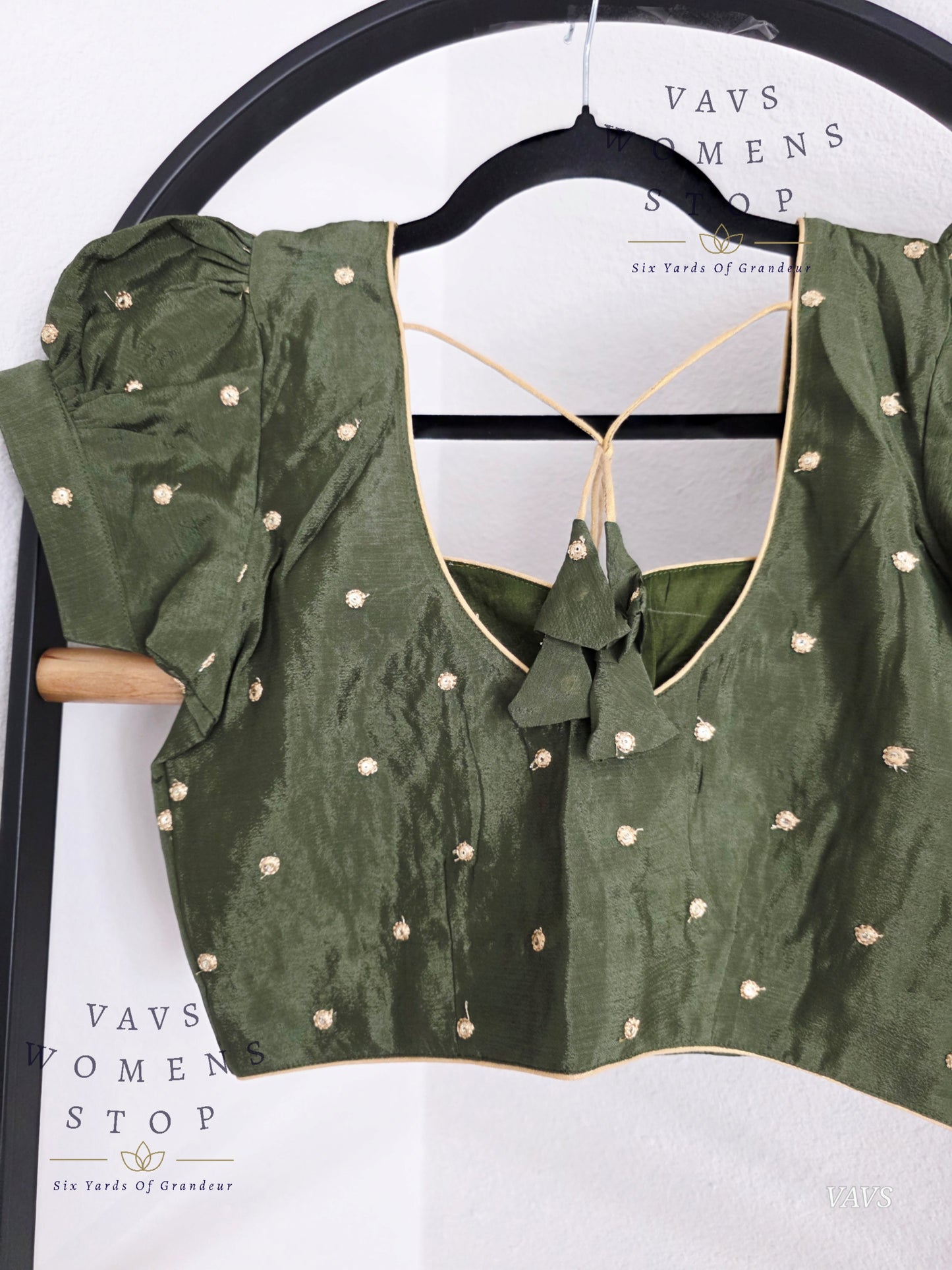 Dark Olive Green Shade Short Puff Sleeves Blouse