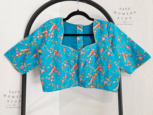 Aqua Blue Shade Birds Print Outline Embroidery Blouse