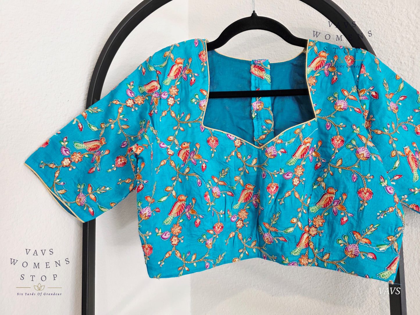 Aqua Blue Shade Birds Print Outline Embroidery Blouse