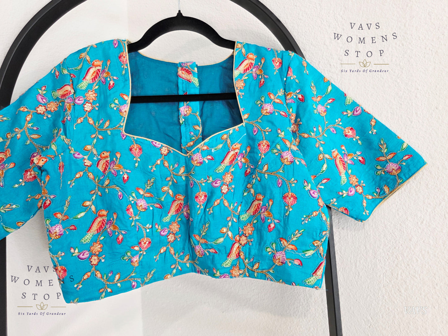 Aqua Blue Shade Birds Print Outline Embroidery Blouse