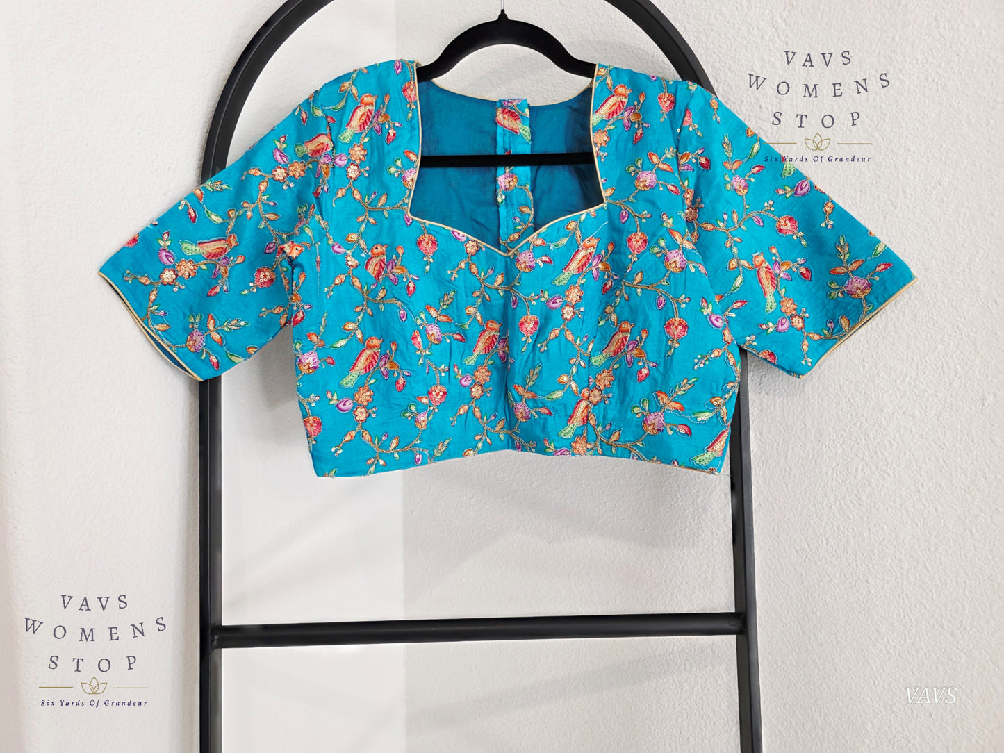 Aqua Blue Shade Birds Print Outline Embroidery Blouse
