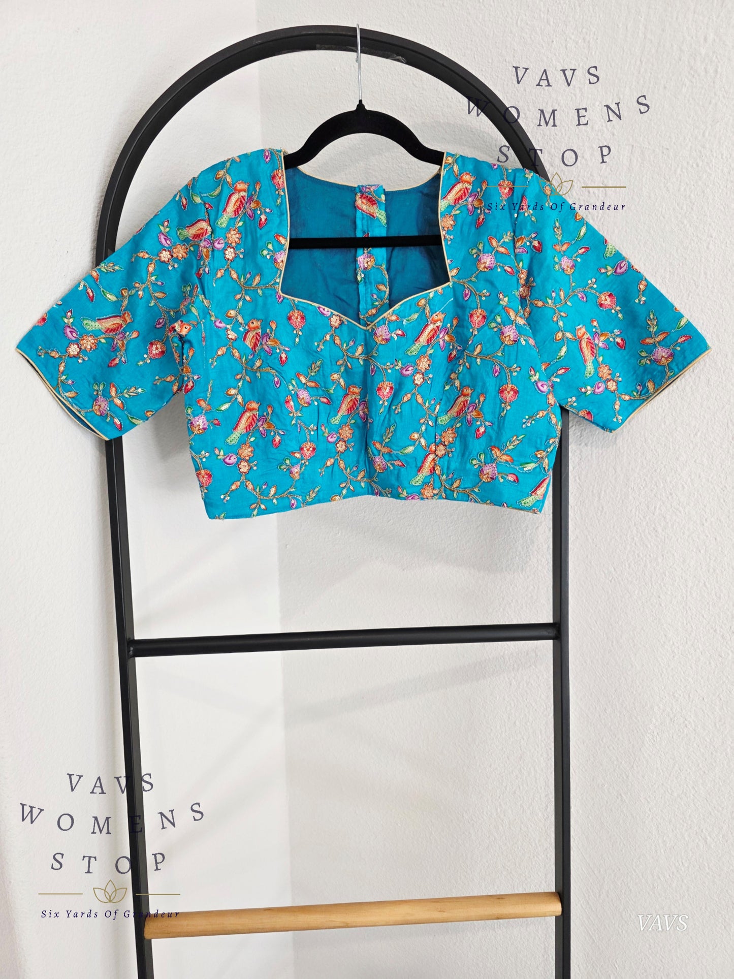 Aqua Blue Shade Birds Print Outline Embroidery Blouse