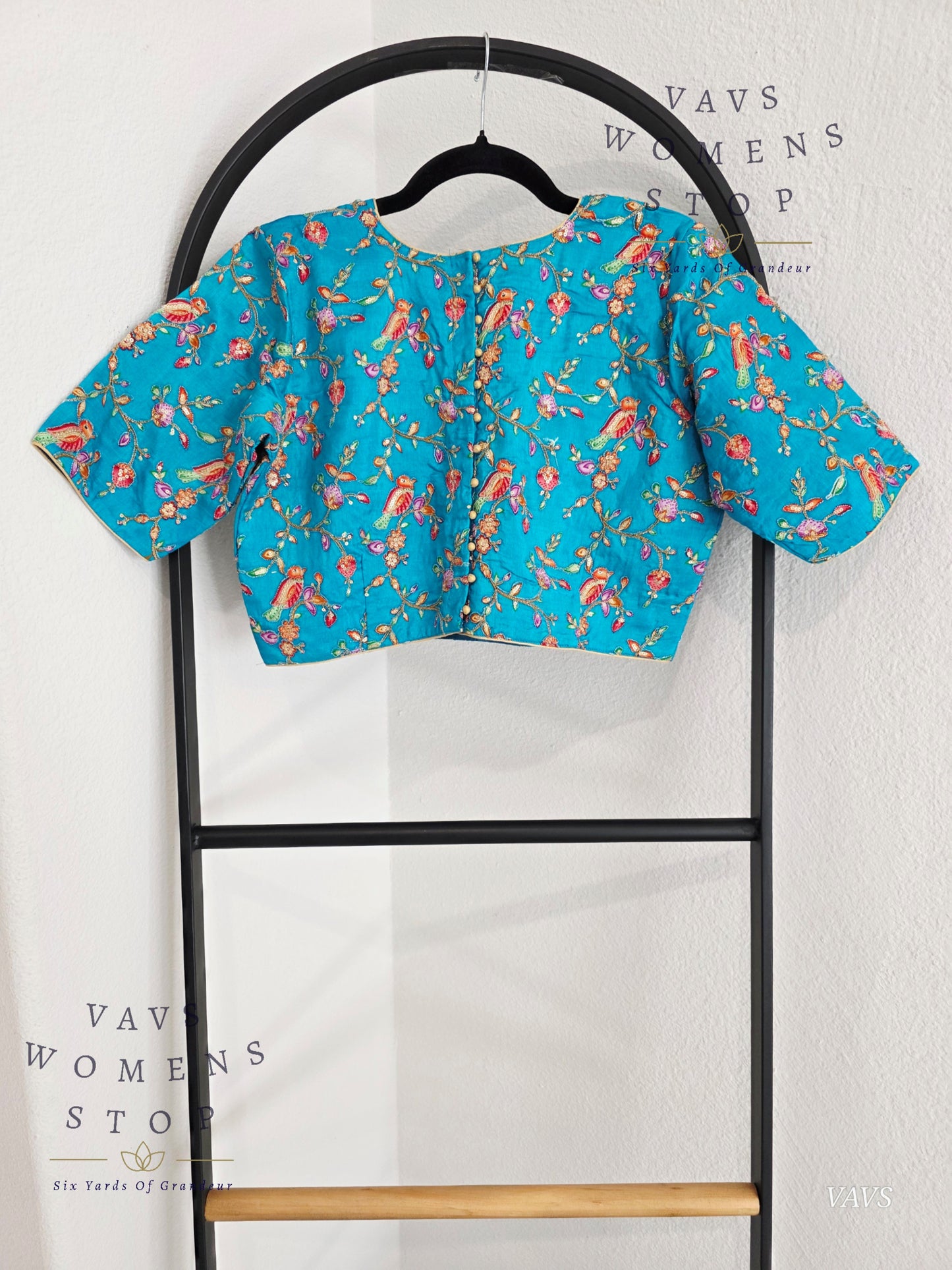 Aqua Blue Shade Birds Print Outline Embroidery Blouse