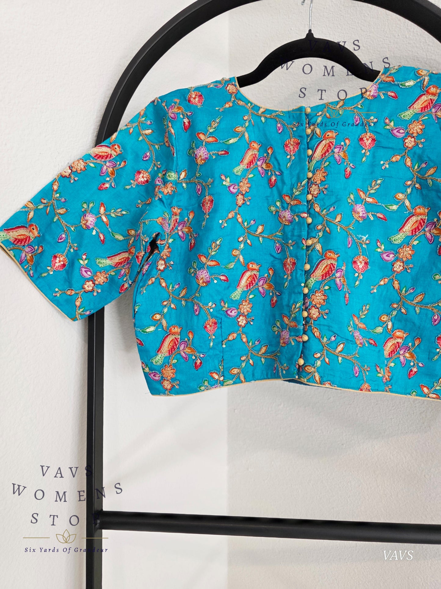 Aqua Blue Shade Birds Print Outline Embroidery Blouse