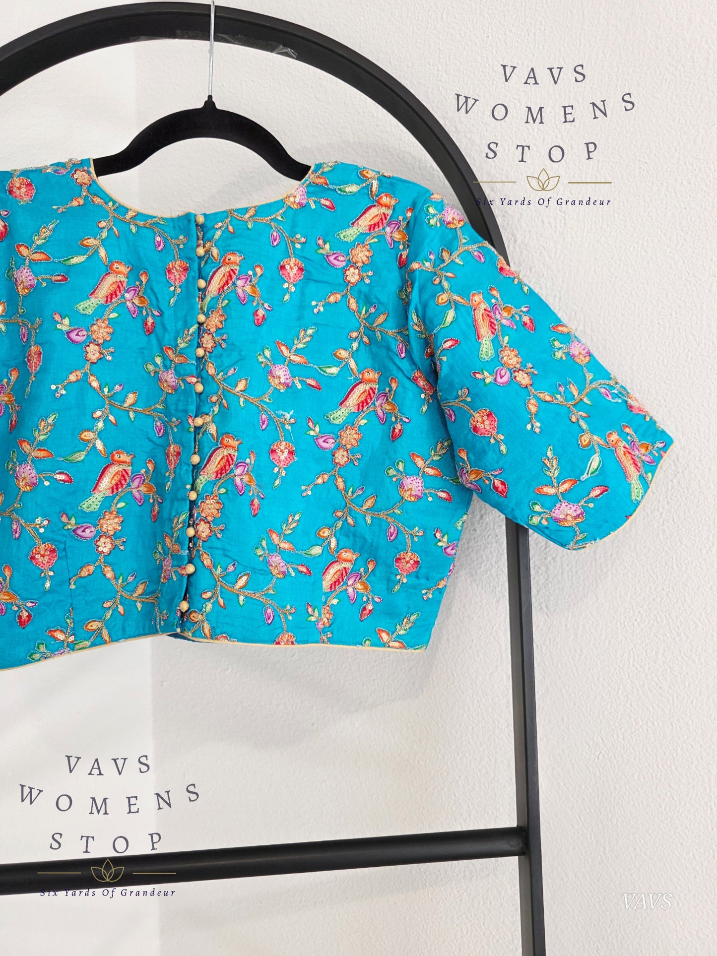 Aqua Blue Shade Birds Print Outline Embroidery Blouse