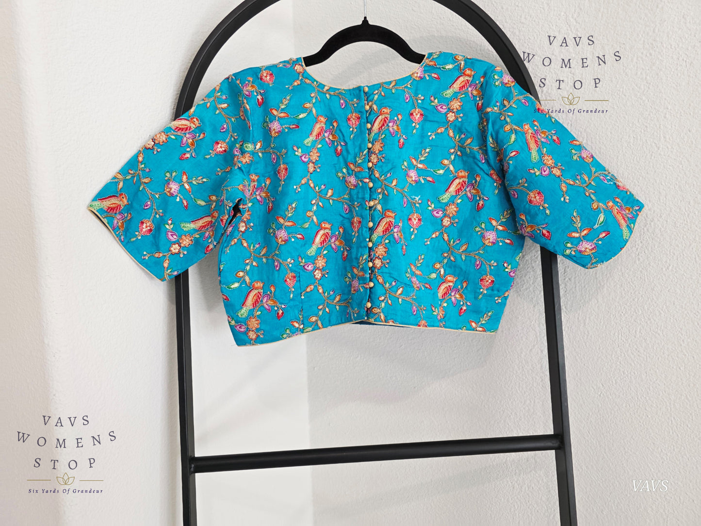 Aqua Blue Shade Birds Print Outline Embroidery Blouse