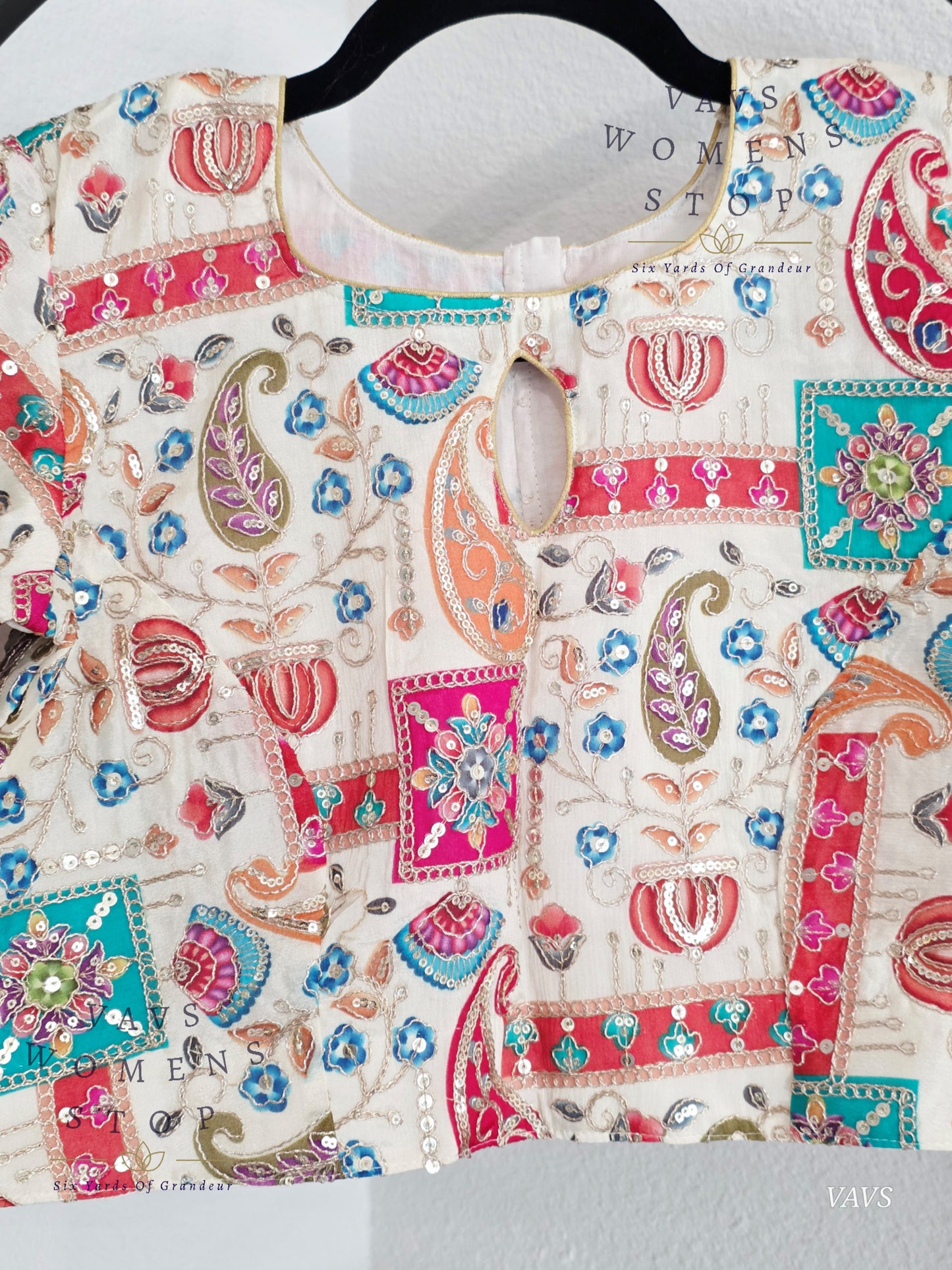 All-Over Floral Paisley Embroidered Soft Crepe Chinon Silk Sequin Work Stitched Blouse