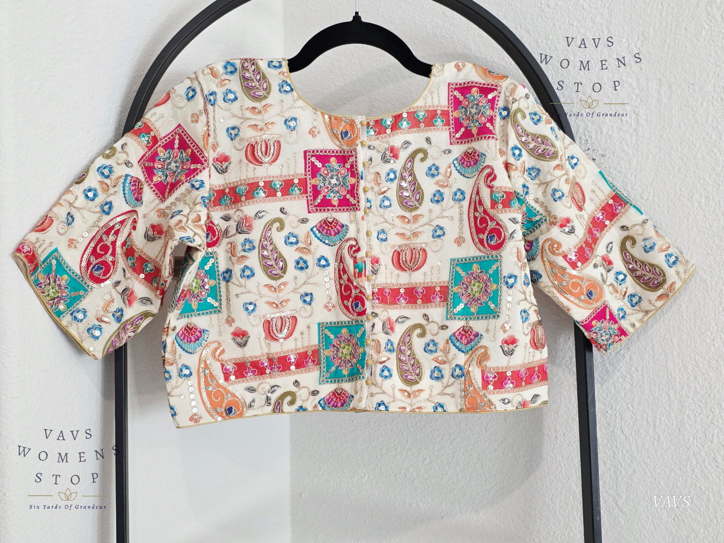 All-Over Floral Paisley Embroidered Soft Crepe Chinon Silk Sequin Work Stitched Blouse