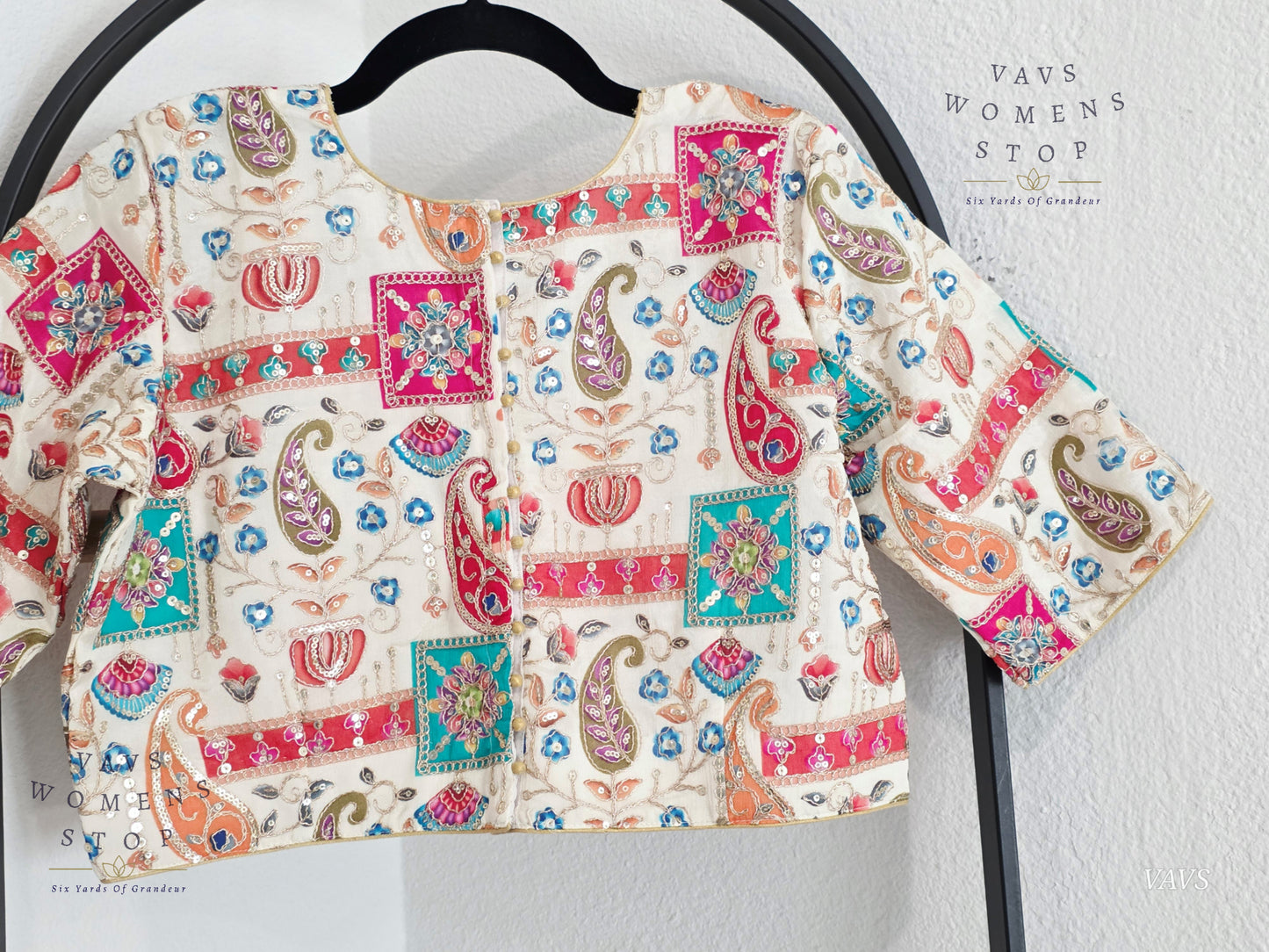 All-Over Floral Paisley Embroidered Soft Crepe Chinon Silk Sequin Work Stitched Blouse