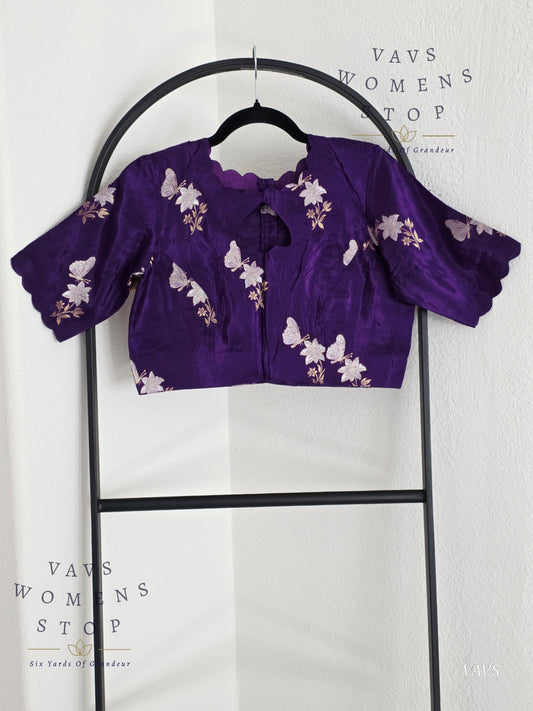Purple Munga Crepe Silk Butterfly Butta Stitched Blouse