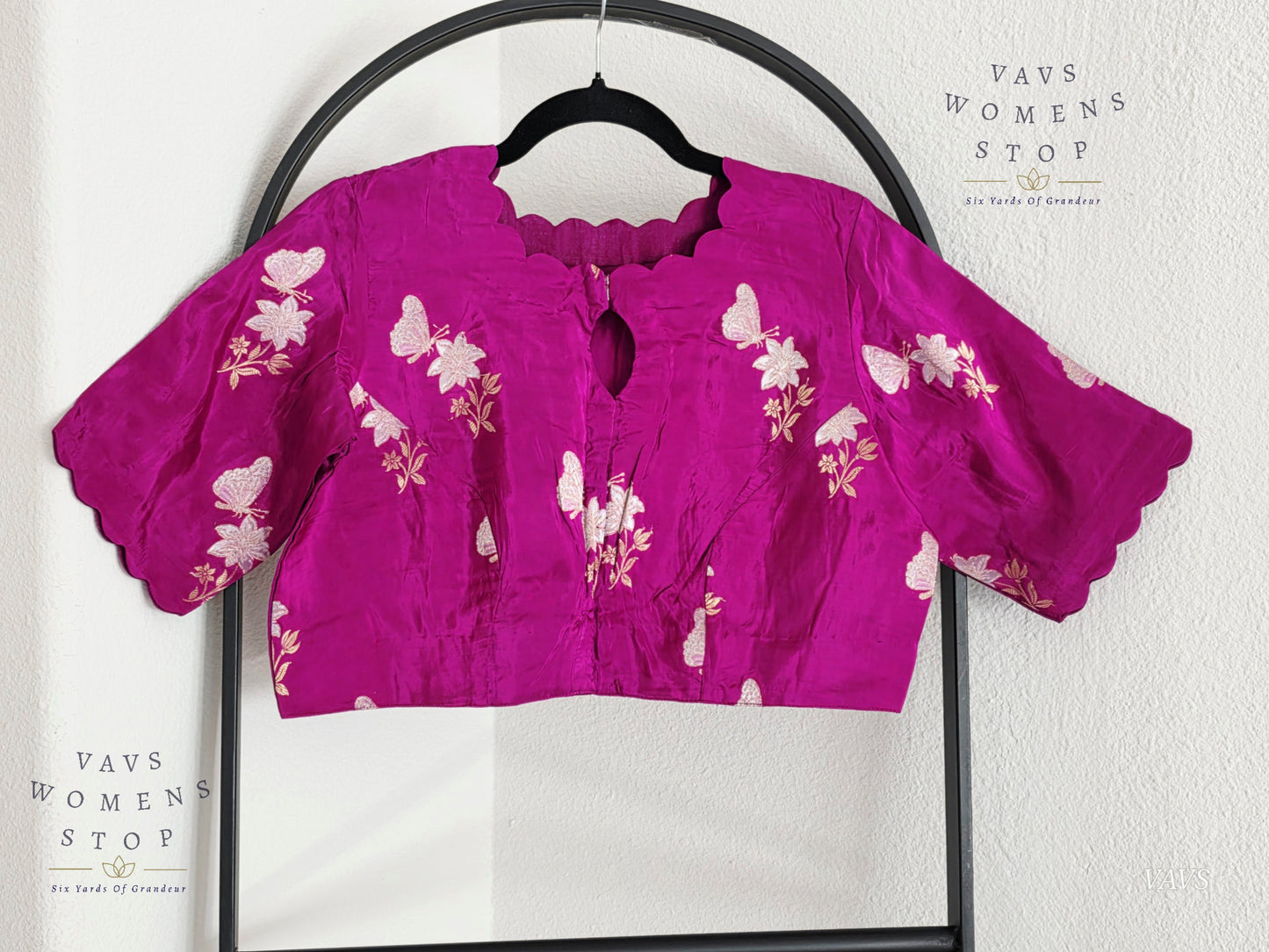 Magenta Purple Shade Munga Crepe Silk Butterfly Butta Stitched Blouse