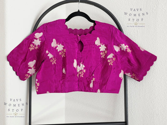 Magenta Purple Shade Munga Crepe Silk Butterfly Butta Stitched Blouse