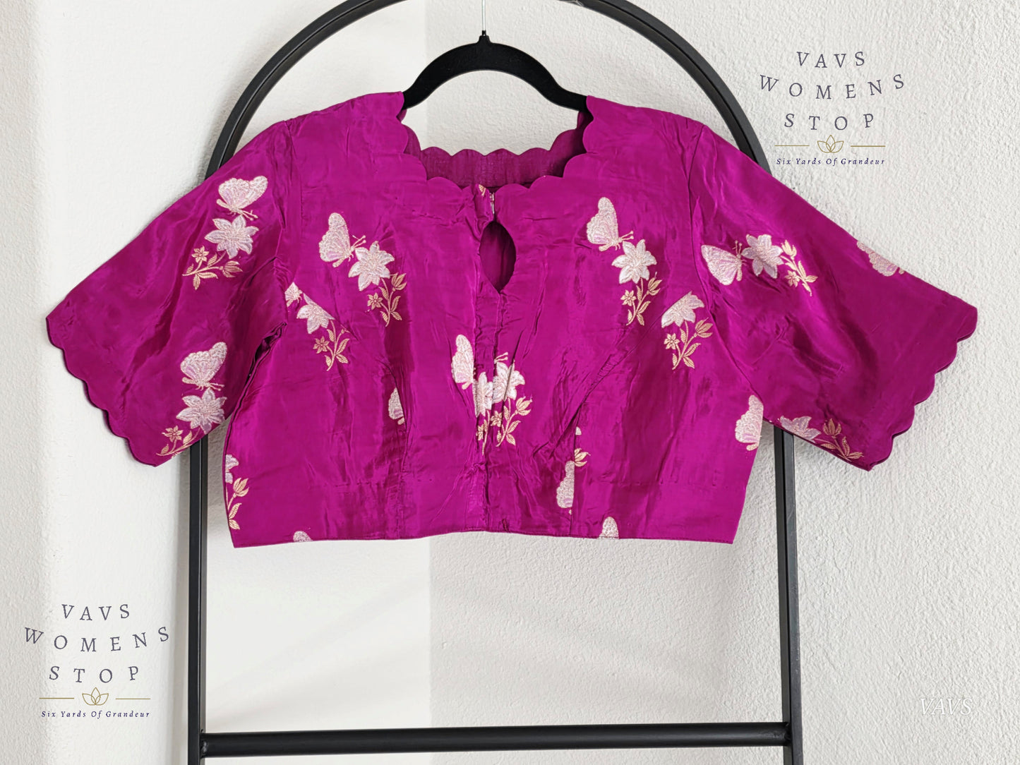 Magenta Purple Shade Munga Crepe Silk Butterfly Butta Stitched Blouse
