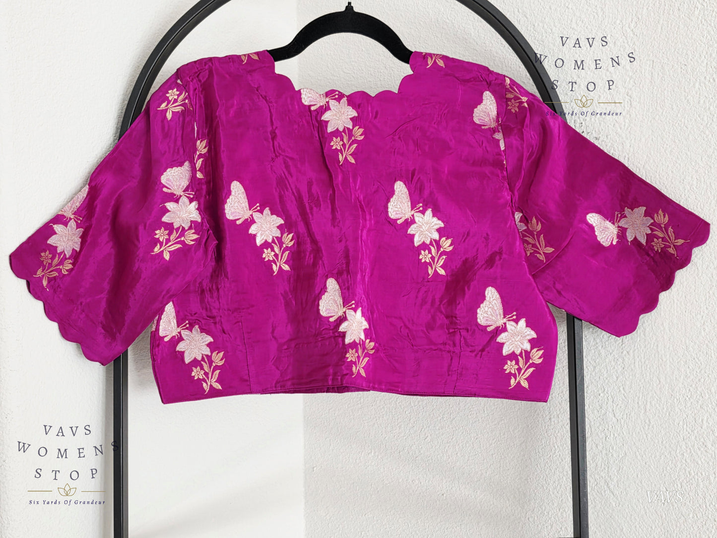Magenta Purple Shade Munga Crepe Silk Butterfly Butta Stitched Blouse