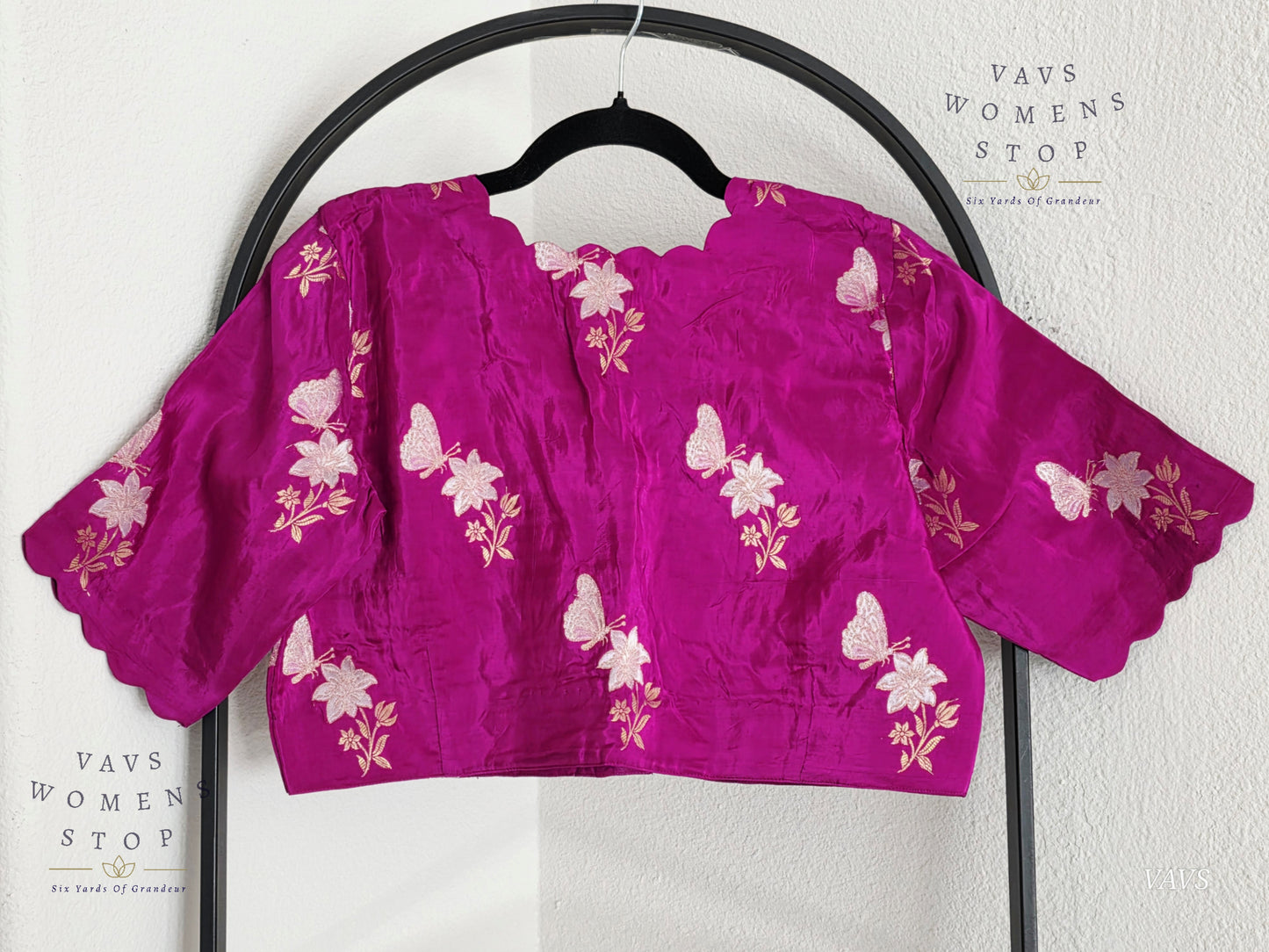 Magenta Purple Shade Munga Crepe Silk Butterfly Butta Stitched Blouse
