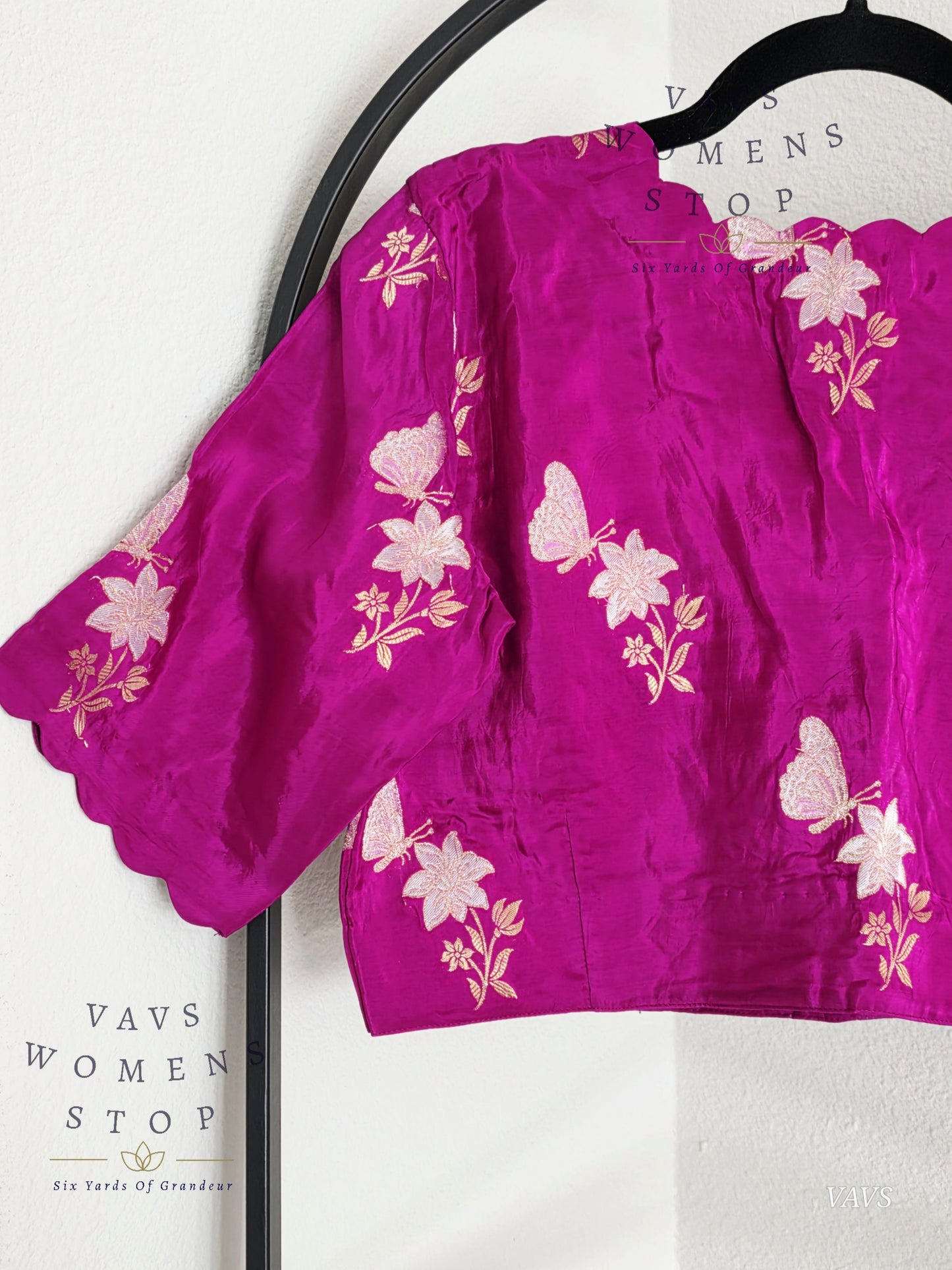 Magenta Purple Shade Munga Crepe Silk Butterfly Butta Stitched Blouse