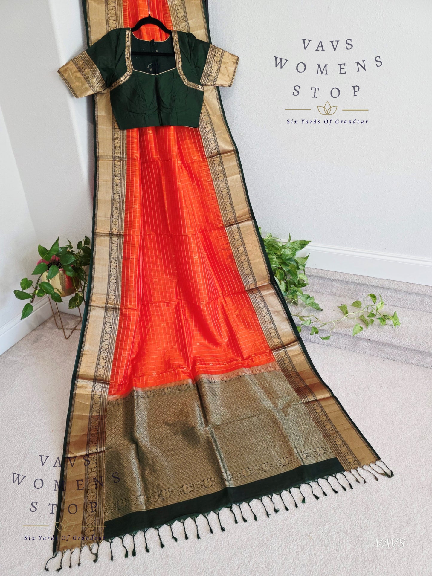 Pure Kanchi Soft Silk Saree in Orange and Bottle Green | Stitched Blouse