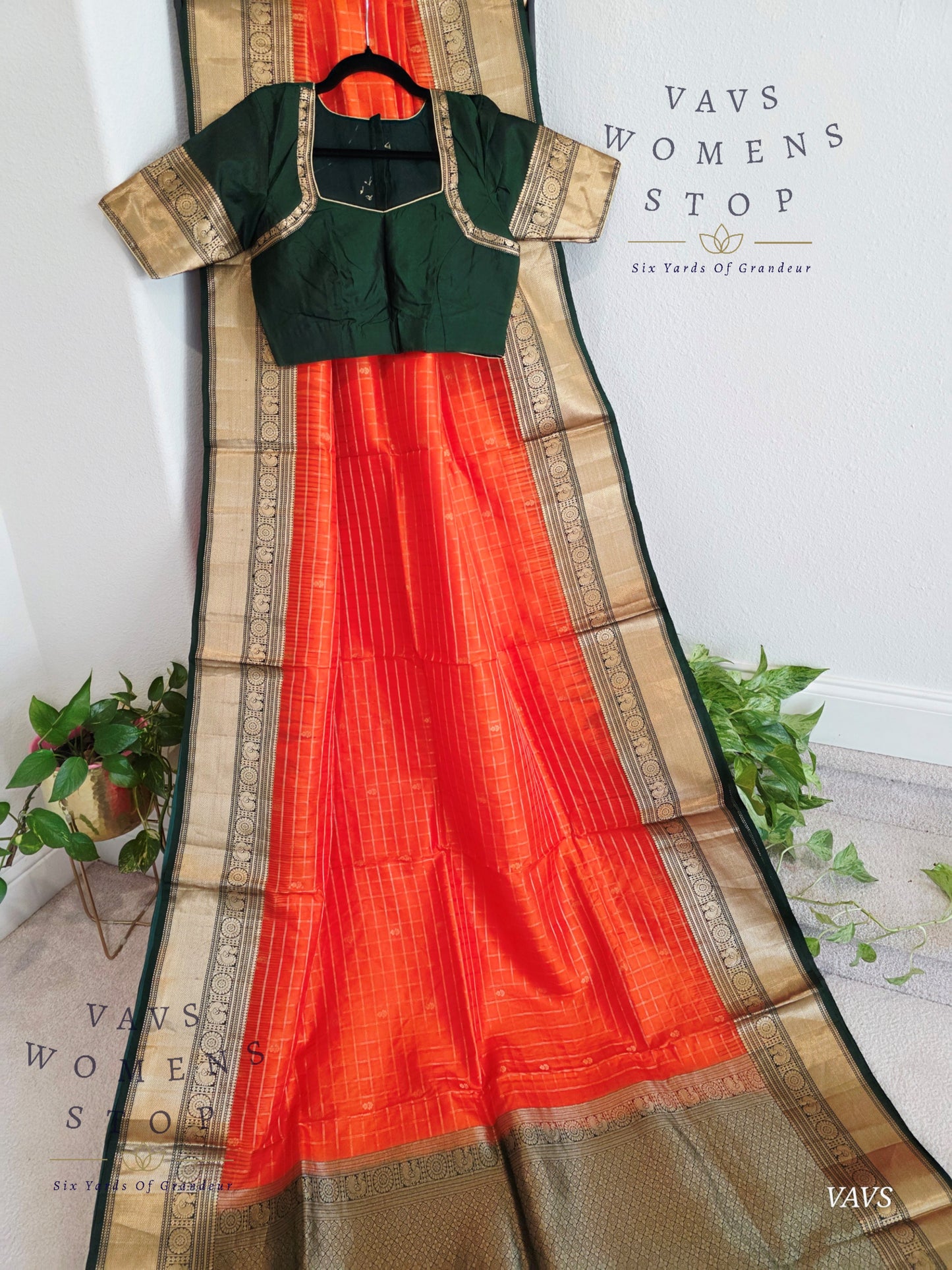 Pure Kanchi Soft Silk Saree in Orange and Bottle Green | Stitched Blouse