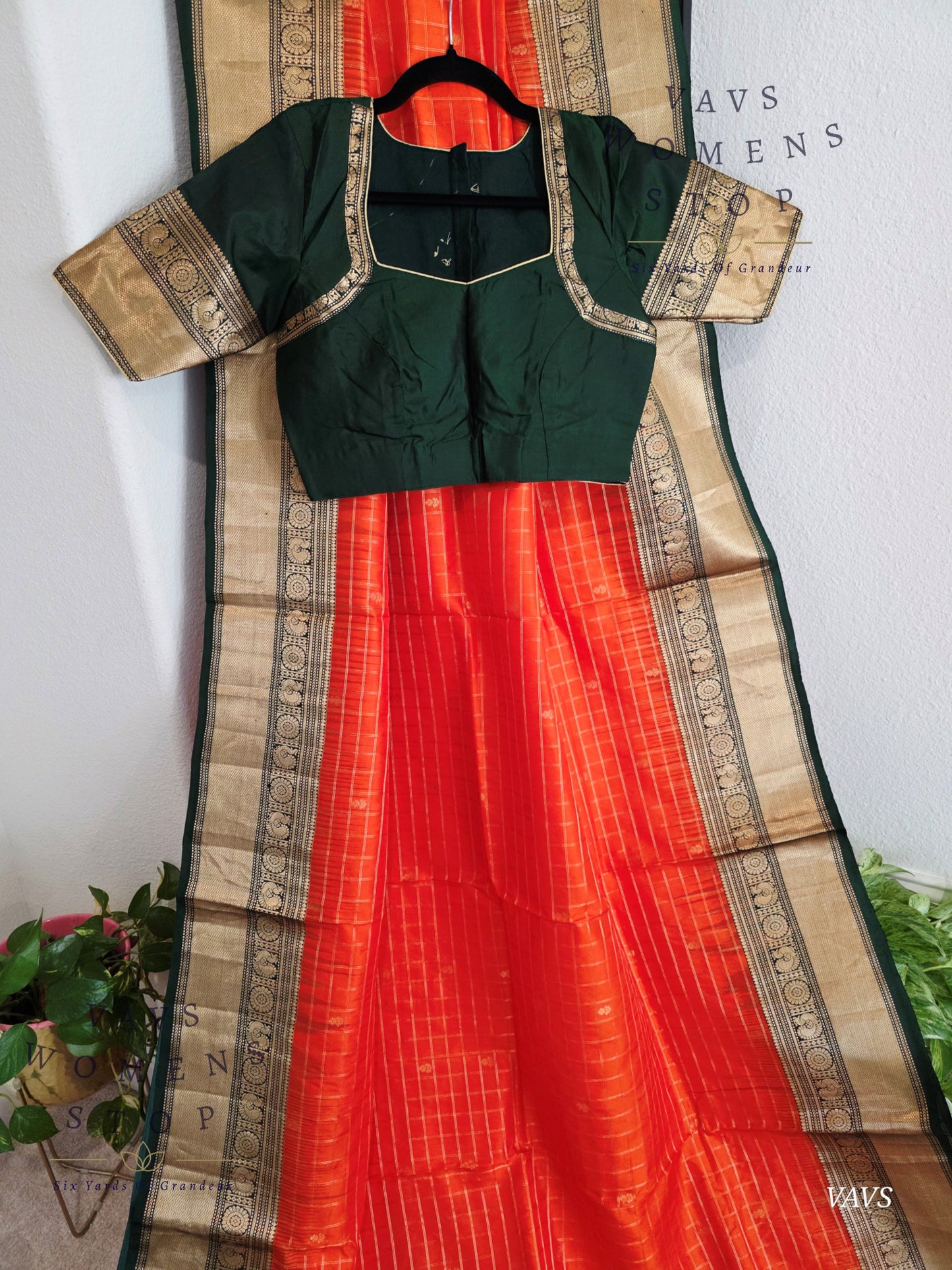 Pure Kanchi Soft Silk Saree in Orange and Bottle Green | Stitched Blouse