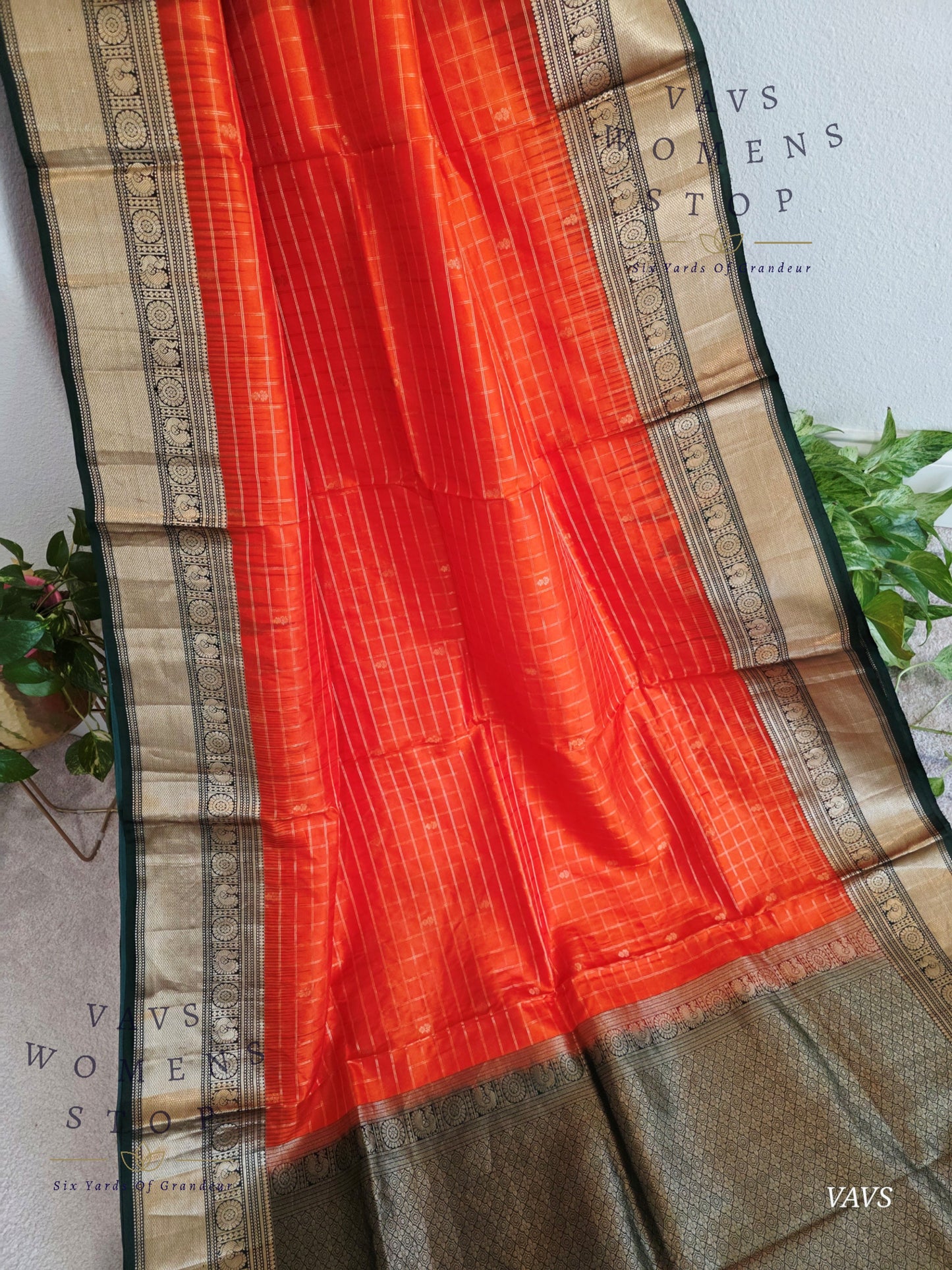 Pure Kanchi Soft Silk Saree in Orange and Bottle Green | Stitched Blouse