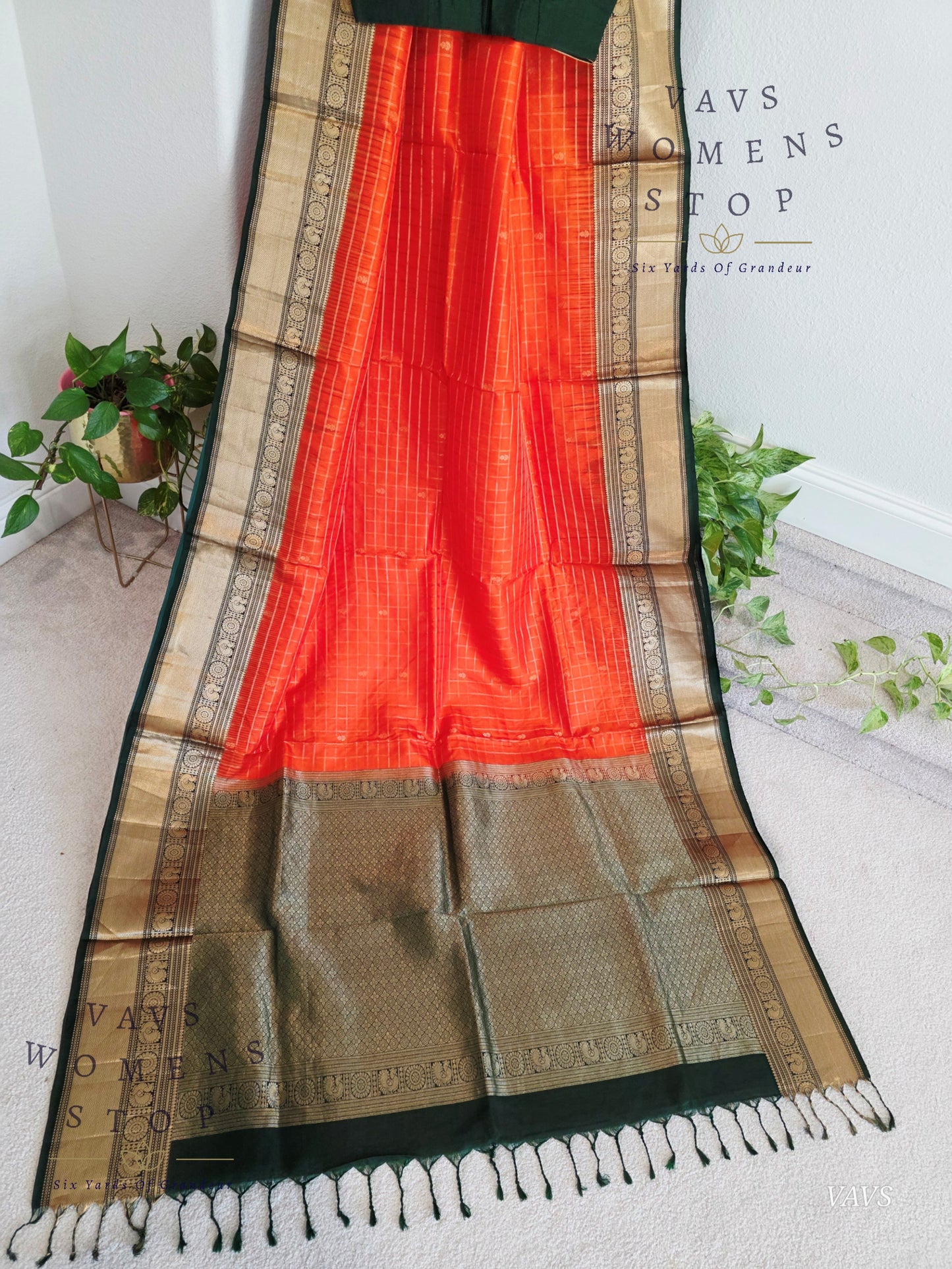 Pure Kanchi Soft Silk Saree in Orange and Bottle Green | Stitched Blouse